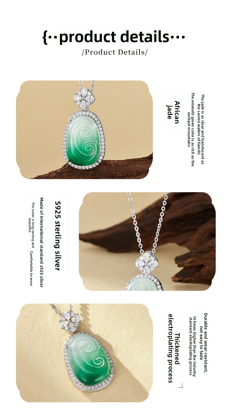 Natural African Jade Necklace For Women S925 Sterling Silver High Ice Jadeite Pendant Clavicle Chain Geometric Pattern Chinese Style