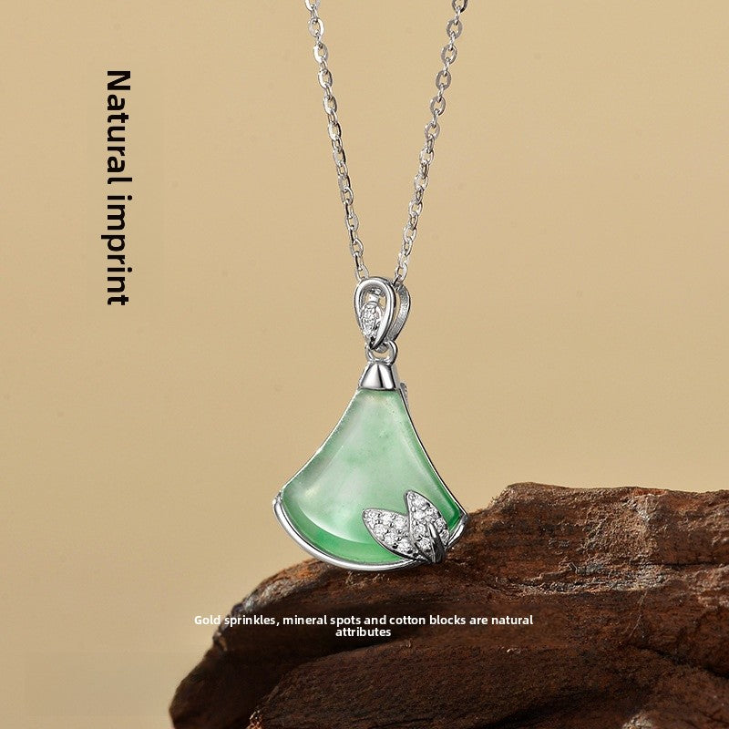 Natural African Jade Fan Shaped Pendant Necklace Women's S925 Sterling Silver Lockbone Chain Geometric Pattern Jewelry