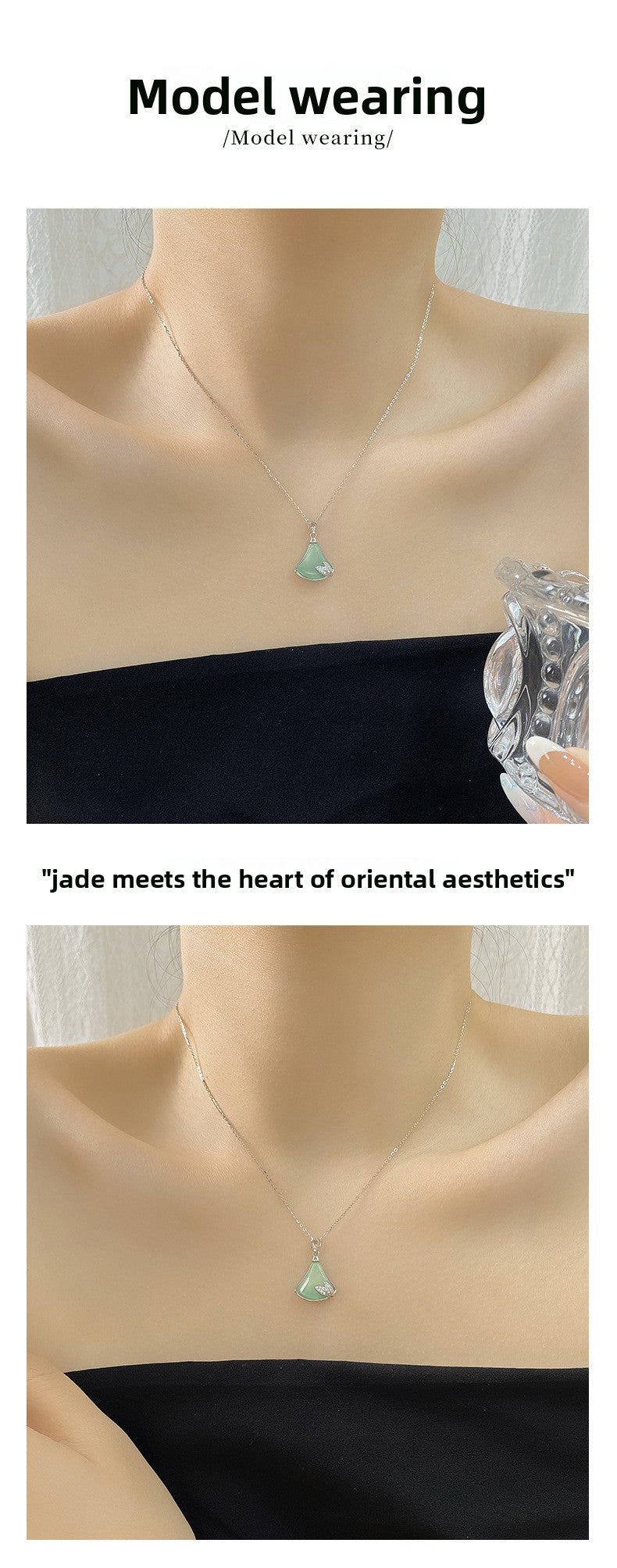 Natural African Jade Fan Shaped Pendant Necklace Women's S925 Sterling Silver Lockbone Chain Geometric Pattern Jewelry