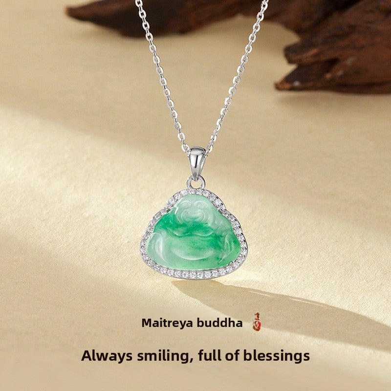 Natural Ice Transparent African Jade S925 Sterling Silver Necklace Women's High Quality Buddha Pendant Clavicle Chain Jewelry