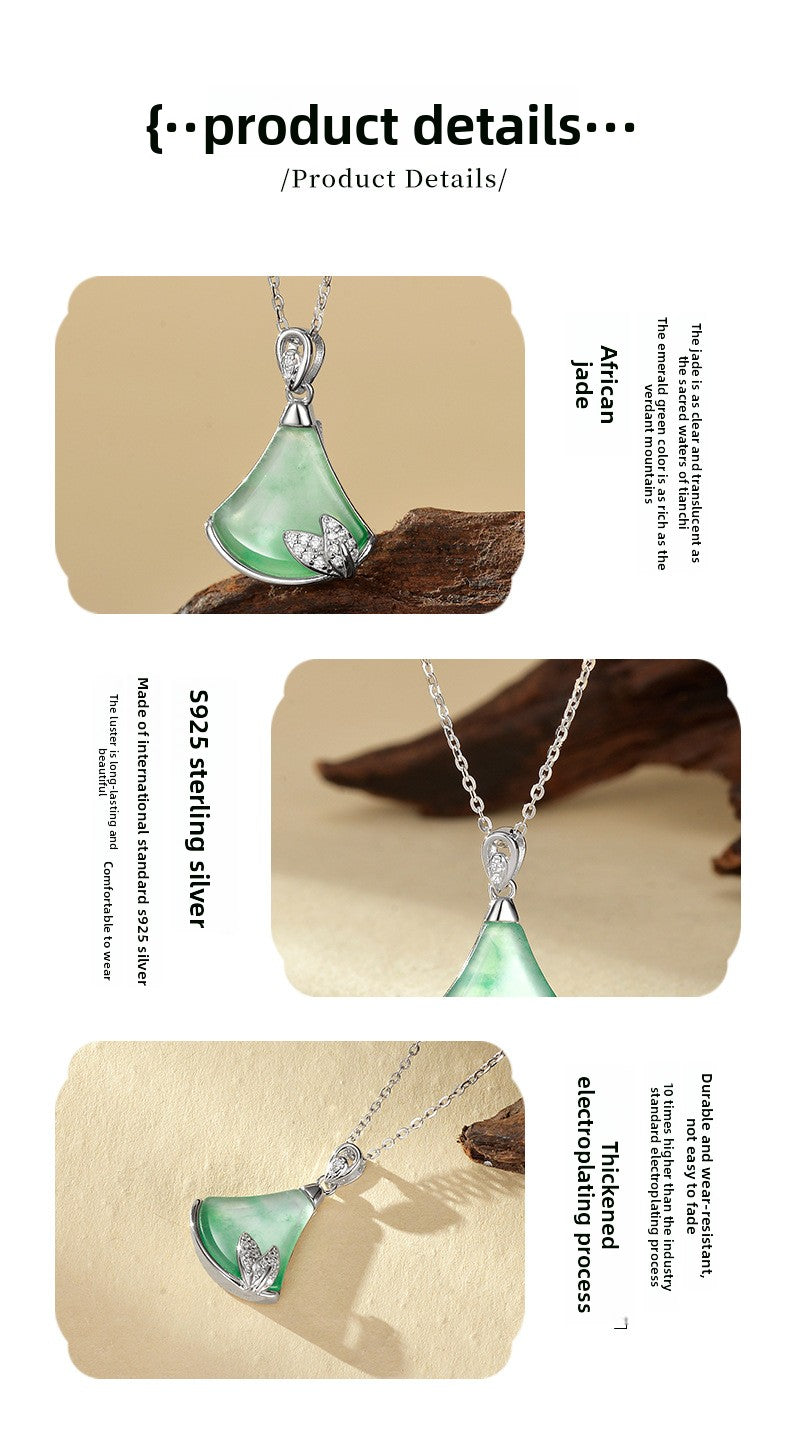 Natural African Jade Fan Shaped Pendant Necklace Women's S925 Sterling Silver Lockbone Chain Geometric Pattern Jewelry