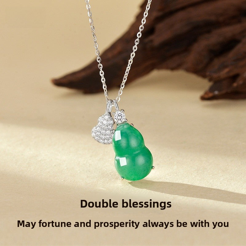 Natural African Jade Ice Necklace Women's S925 Sterling Silver High-End Sensation Gourd Pendant Clavicle Chain Bohemian Style