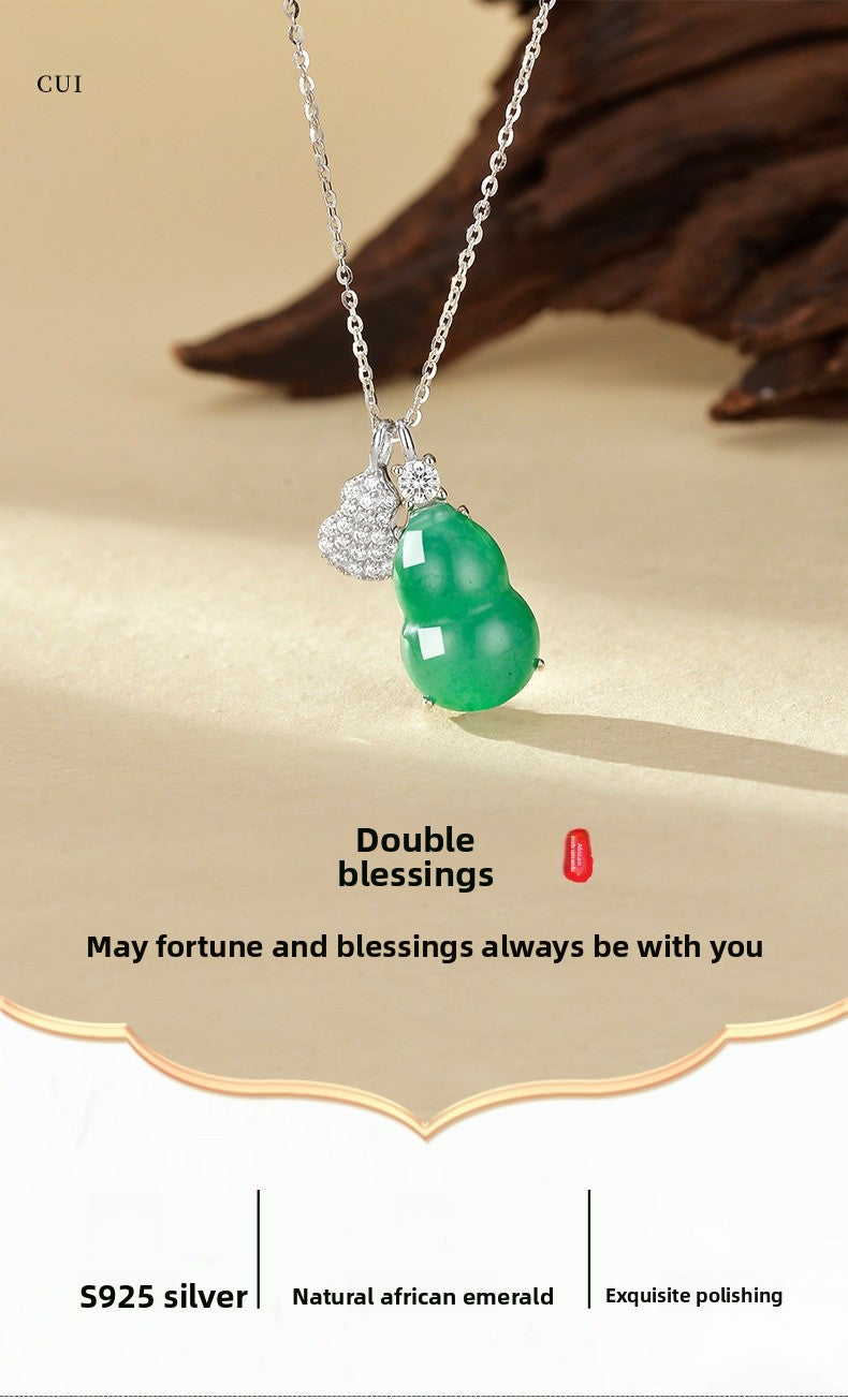 Natural African Jade Ice Necklace Women's S925 Sterling Silver High-End Sensation Gourd Pendant Clavicle Chain Bohemian Style