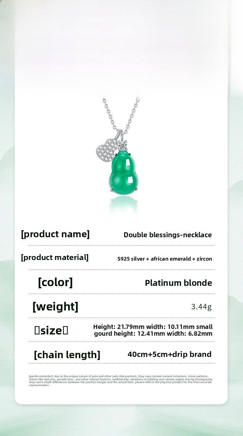 Natural African Jade Ice Necklace Women's S925 Sterling Silver High-End Sensation Gourd Pendant Clavicle Chain Bohemian Style