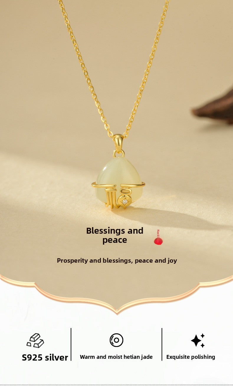 Natural Turquoise Silver Diamond-Encrusted Women's Necklace S925 Pure Silver Geometric Pattern Chinese Style Lockbone Chain