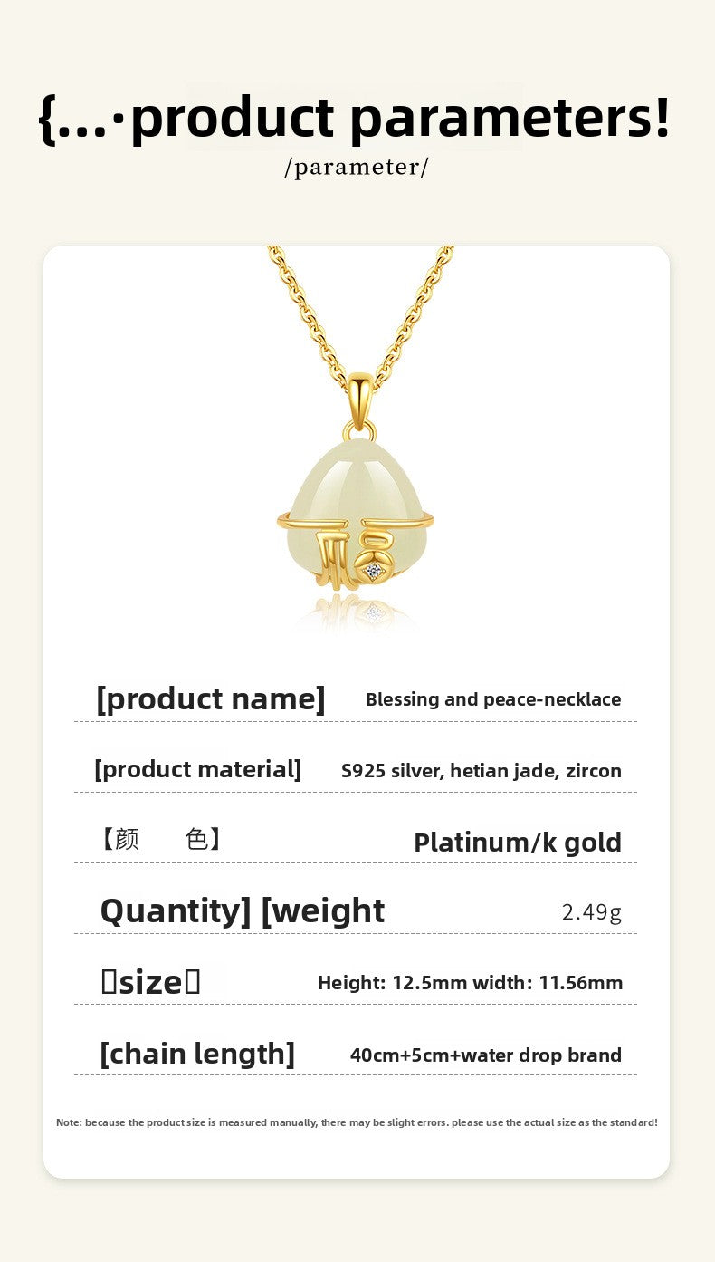 Natural Turquoise Silver Diamond-Encrusted Women's Necklace S925 Pure Silver Geometric Pattern Chinese Style Lockbone Chain