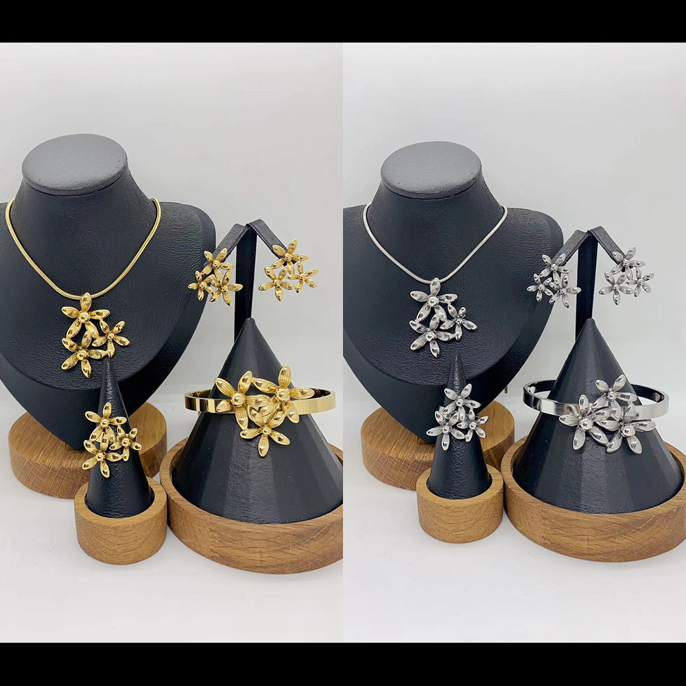 Fashion Trend Ins Style 304 Stainless Steel Vacuum Electroplated Embossed Multi-Flower Earrings Ring Bracelet Necklace Jewelry Set