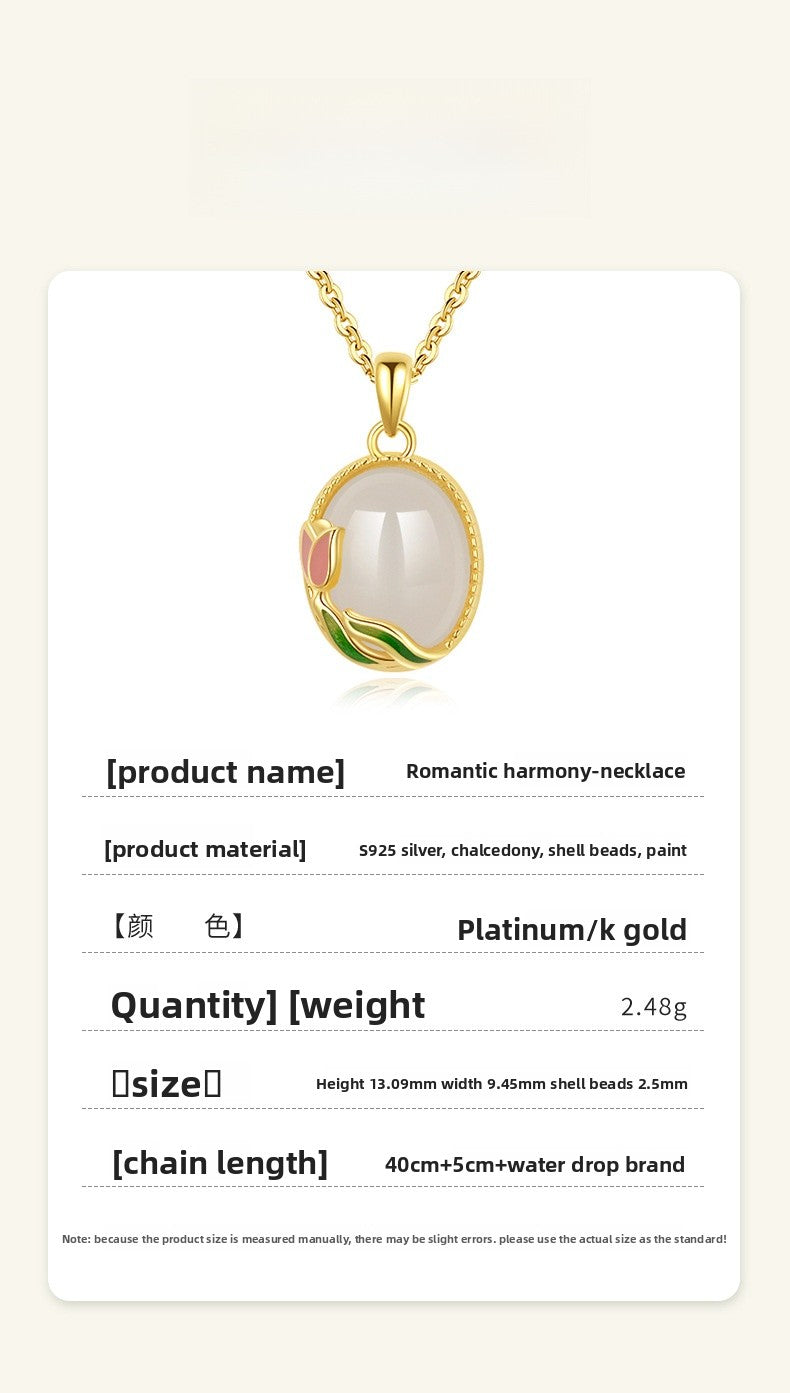 New Chinese Style Tulip Necklace Women S925 Pure Silver Geometric Pattern Enamel Agate Pendant Clavicle Chain Jewelry Accessory