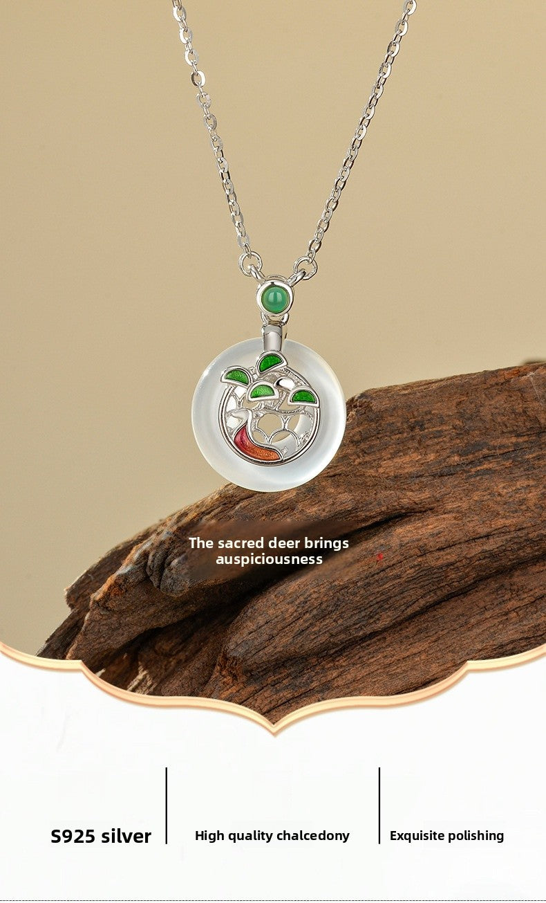 Natural Agate Necklace Women S925 Sterling Silver Painted Pendant Geometric Pattern Chinese Style Lockbone Chain Jewelry