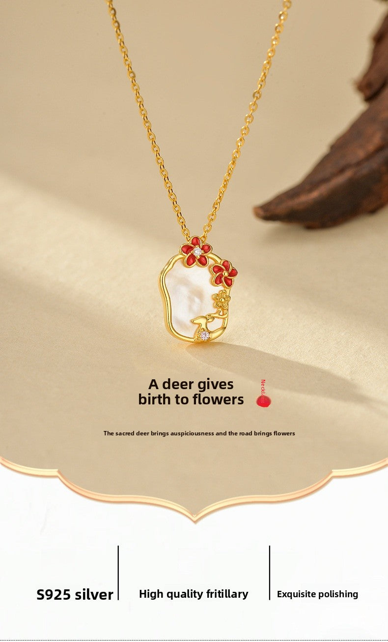Elegant Bohemian Style Enamel Necklace For Women S925 Sterling Silver Natural Mother Of Pearl Pendant Floral Lockbone Chain