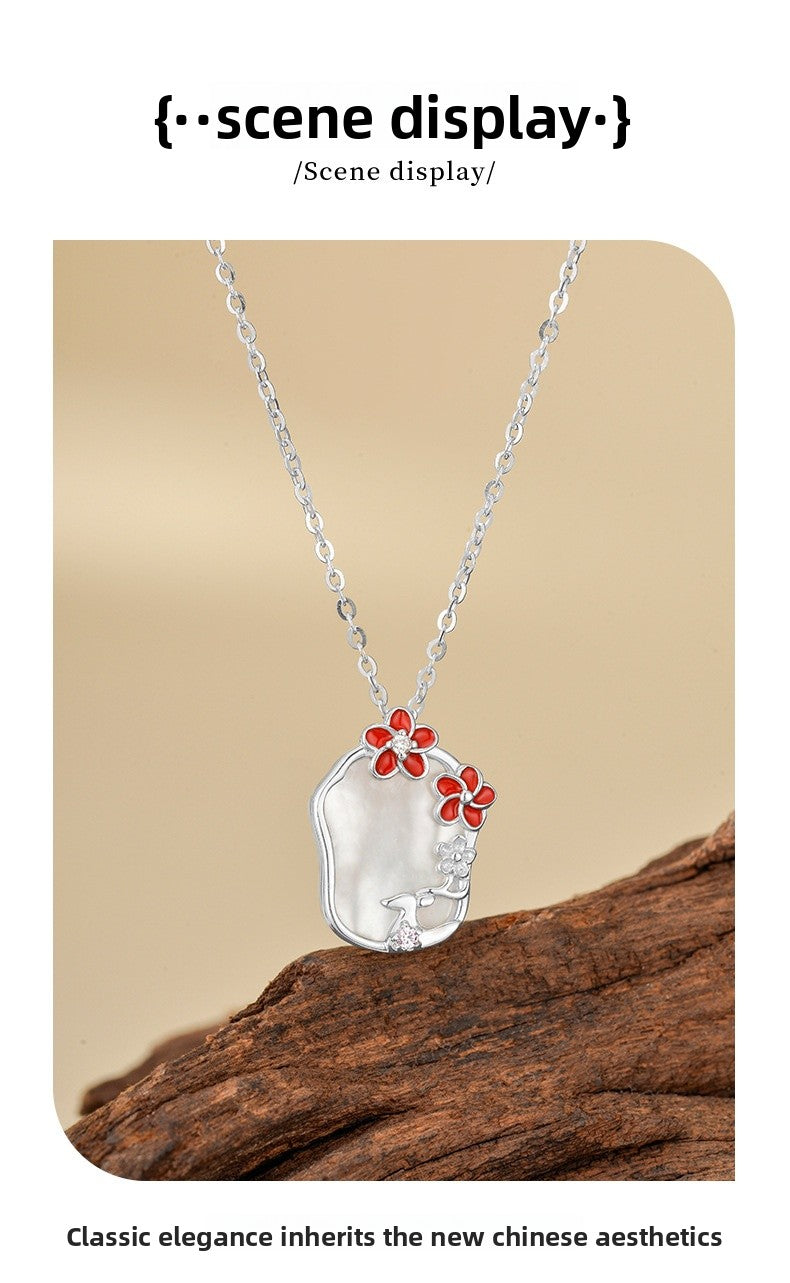 Elegant Bohemian Style Enamel Necklace For Women S925 Sterling Silver Natural Mother Of Pearl Pendant Floral Lockbone Chain