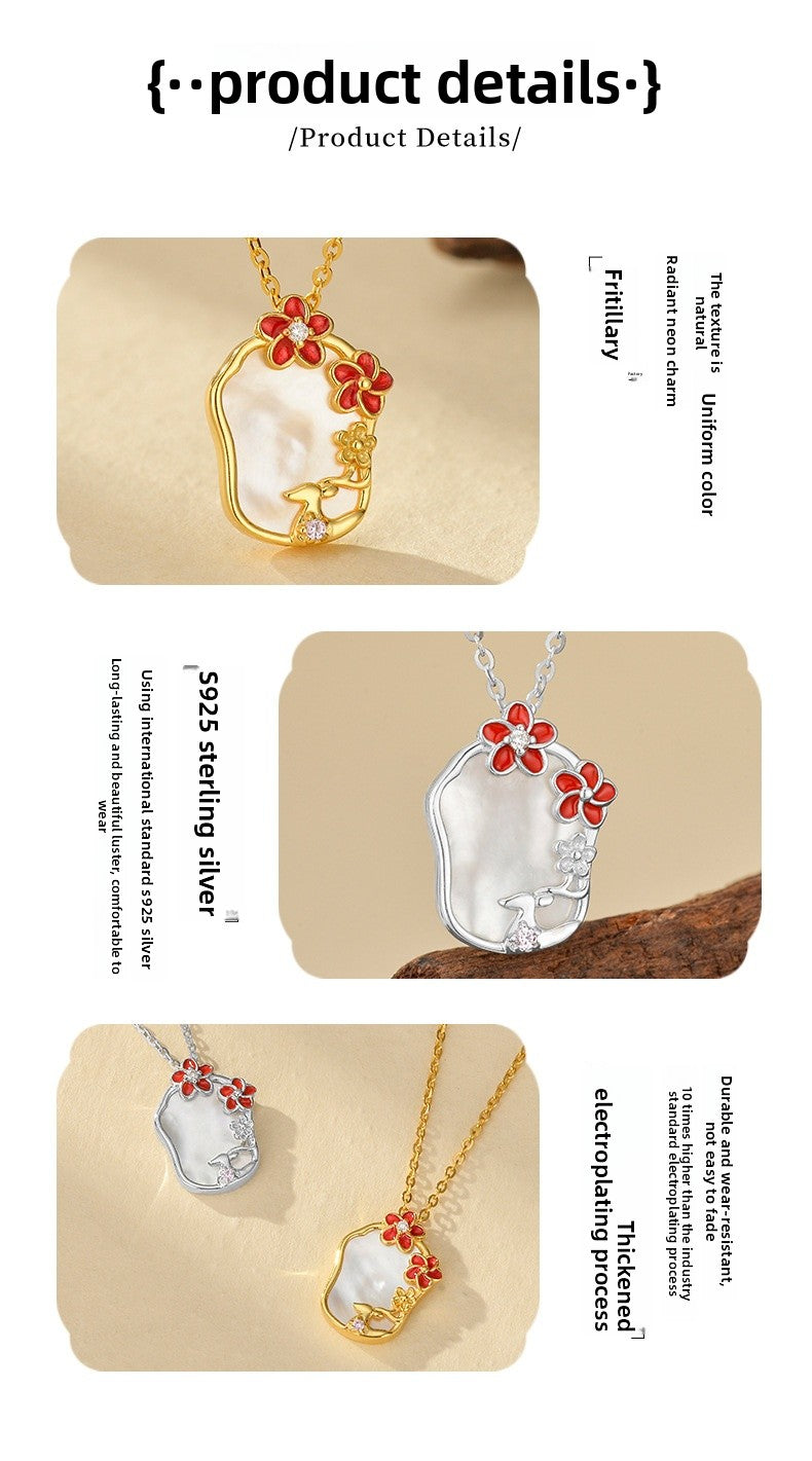 Elegant Bohemian Style Enamel Necklace For Women S925 Sterling Silver Natural Mother Of Pearl Pendant Floral Lockbone Chain