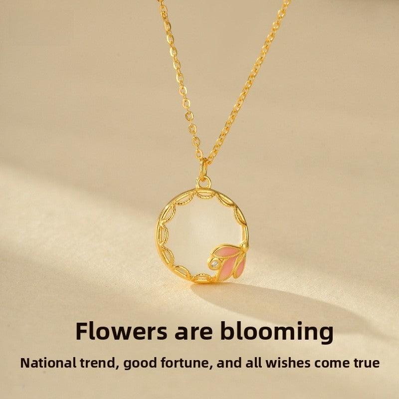 Elegant S925 Sterling Silver Necklace For Women With Natural Agate Pendant Geometric Pattern Painted Surface Floral Design