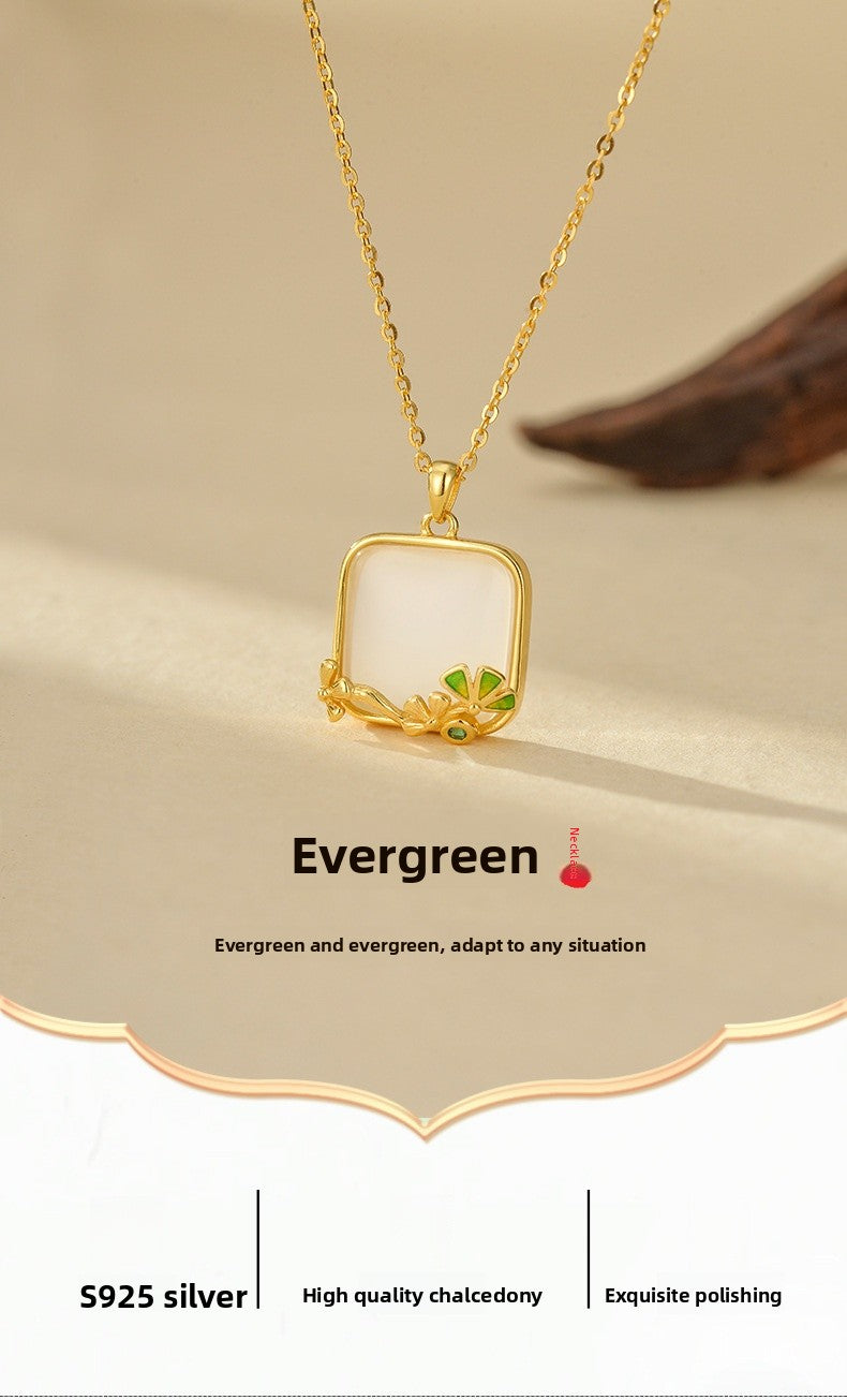 Green Turquoise Long Lasting Baked Paint Necklace Women S925 Pure Silver High-End Feel Natural Agate Square Pendant Clavicle Chain
