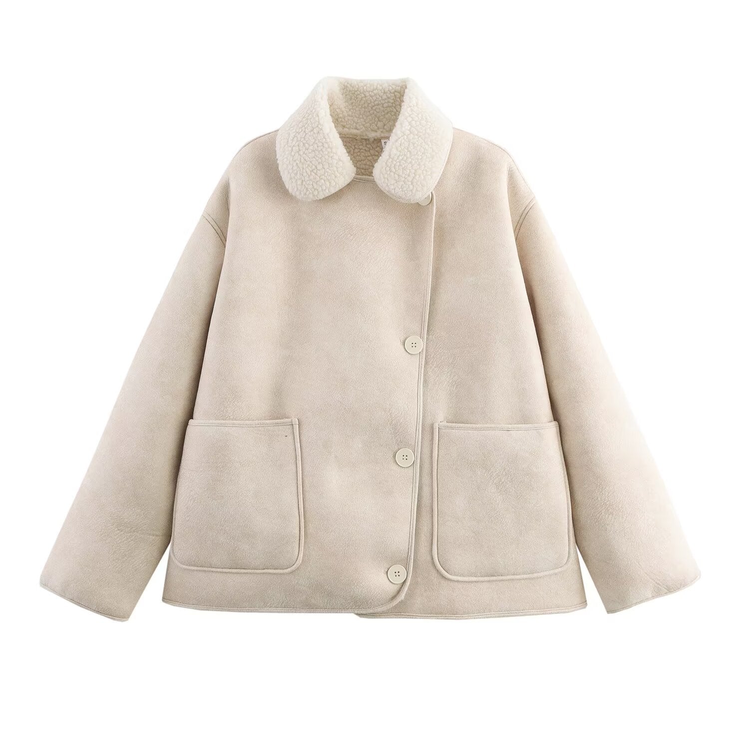 Fashionable Tri-Color Leather-and-Fur Long-Sleeve Jacket Women's B88788 Turn-down Collar Integrated Design Street Style Polyester Fabric