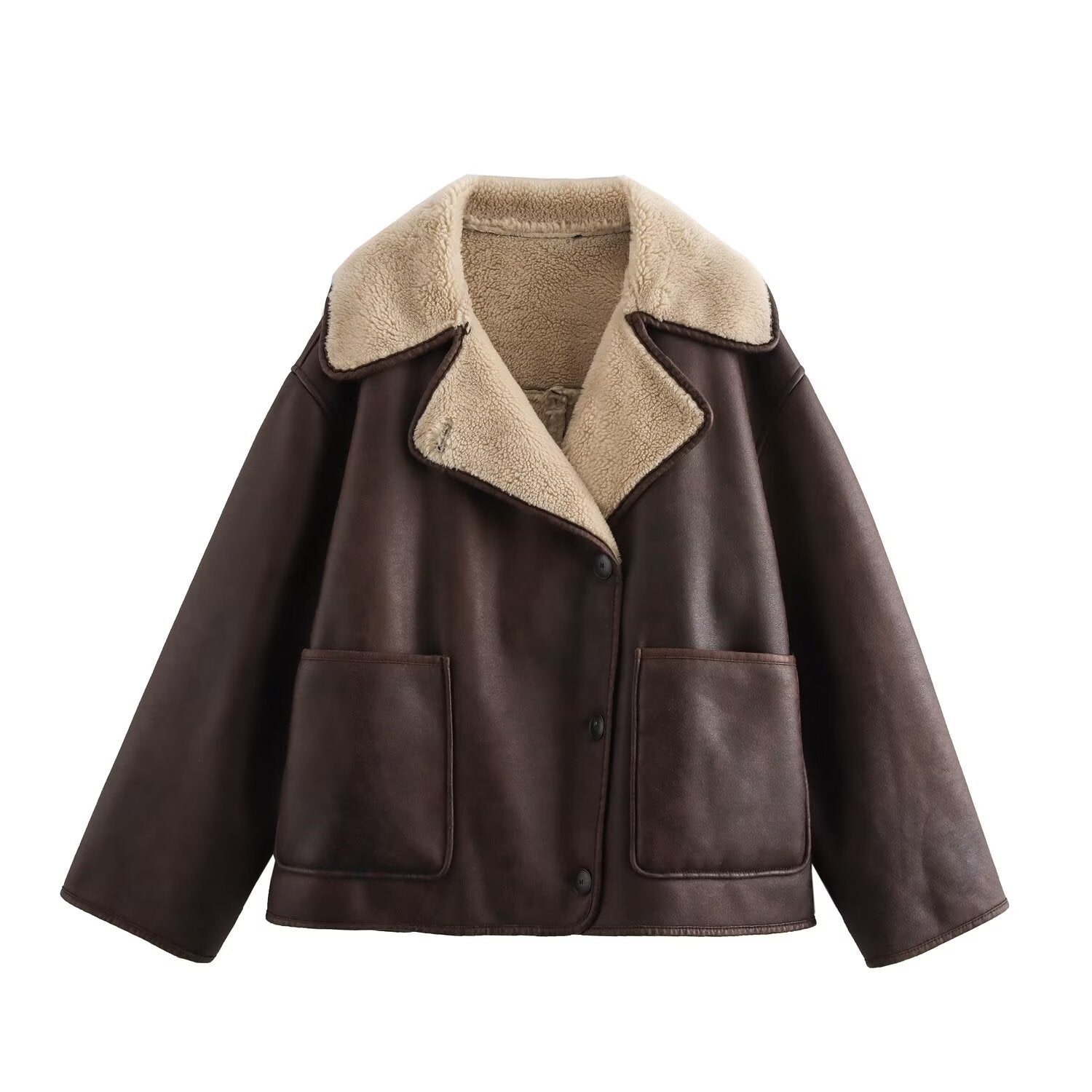Fashionable Tri-Color Leather-and-Fur Long-Sleeve Jacket Women's B88788 Turn-down Collar Integrated Design Street Style Polyester Fabric