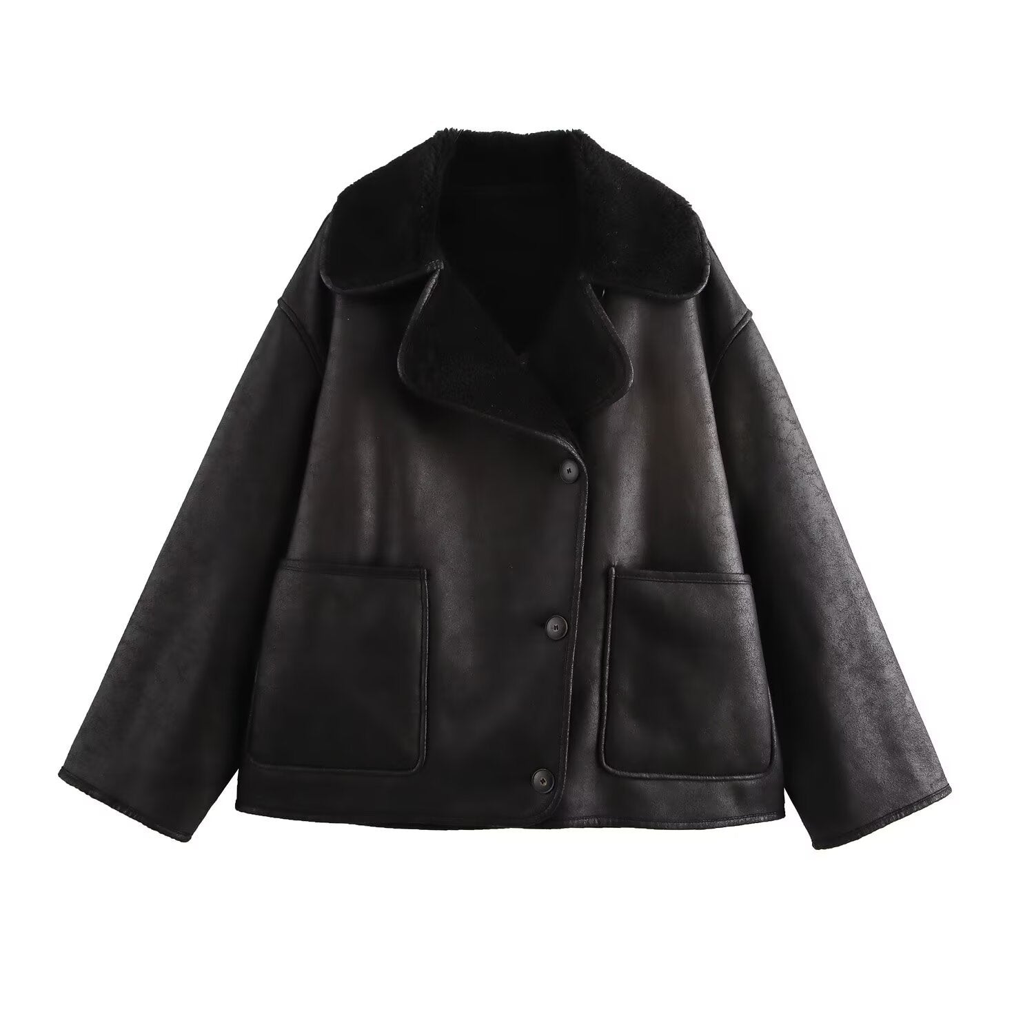 Fashionable Tri-Color Leather-and-Fur Long-Sleeve Jacket Women's B88788 Turn-down Collar Integrated Design Street Style Polyester Fabric