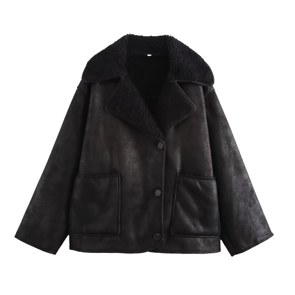 Fashionable Tri-Color Leather-and-Fur Long-Sleeve Jacket Women's B88788 Turn-down Collar Integrated Design Street Style Polyester Fabric