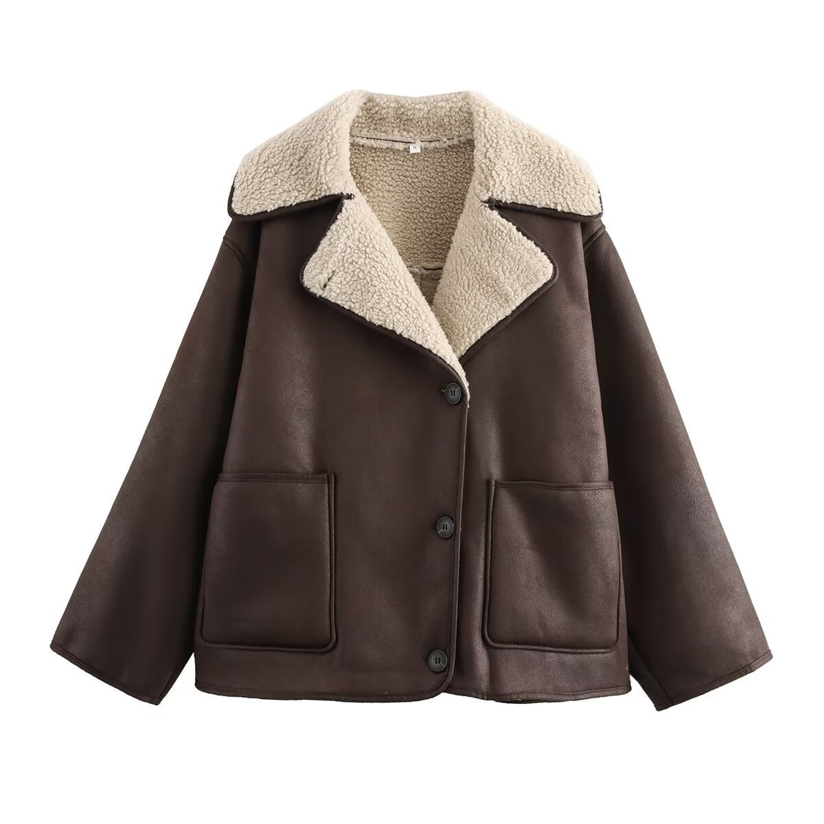 Fashionable Tri-Color Leather-and-Fur Long-Sleeve Jacket Women's B88788 Turn-down Collar Integrated Design Street Style Polyester Fabric