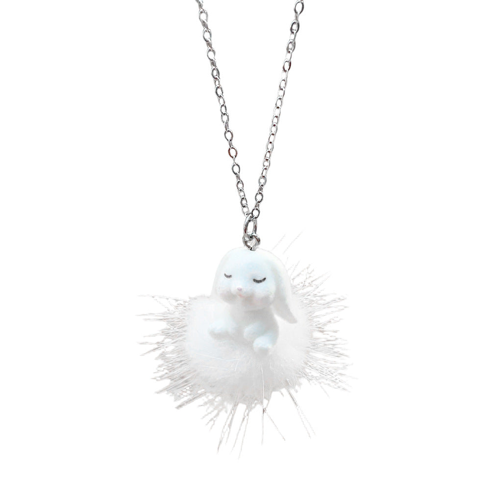 Cute Rabbit Necklace For Women Featuring A Fuzzy Ball Pendant Made Of Soft Cloth Material
