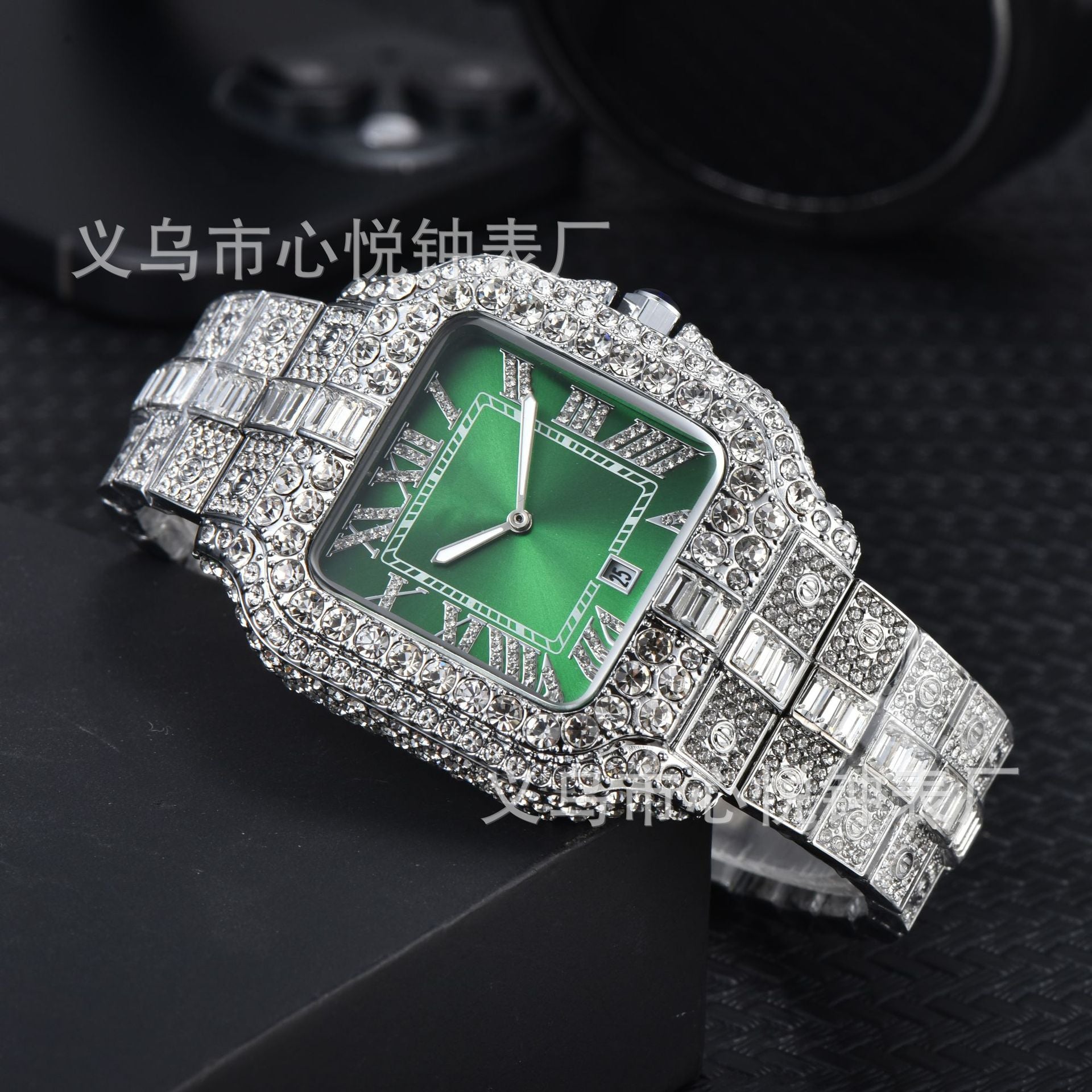 Men's High-Quality Quartz Watch Full Diamond Strap Alloy Square Dial Trendy Butterfly Double Buckle Clasp Pointer Display