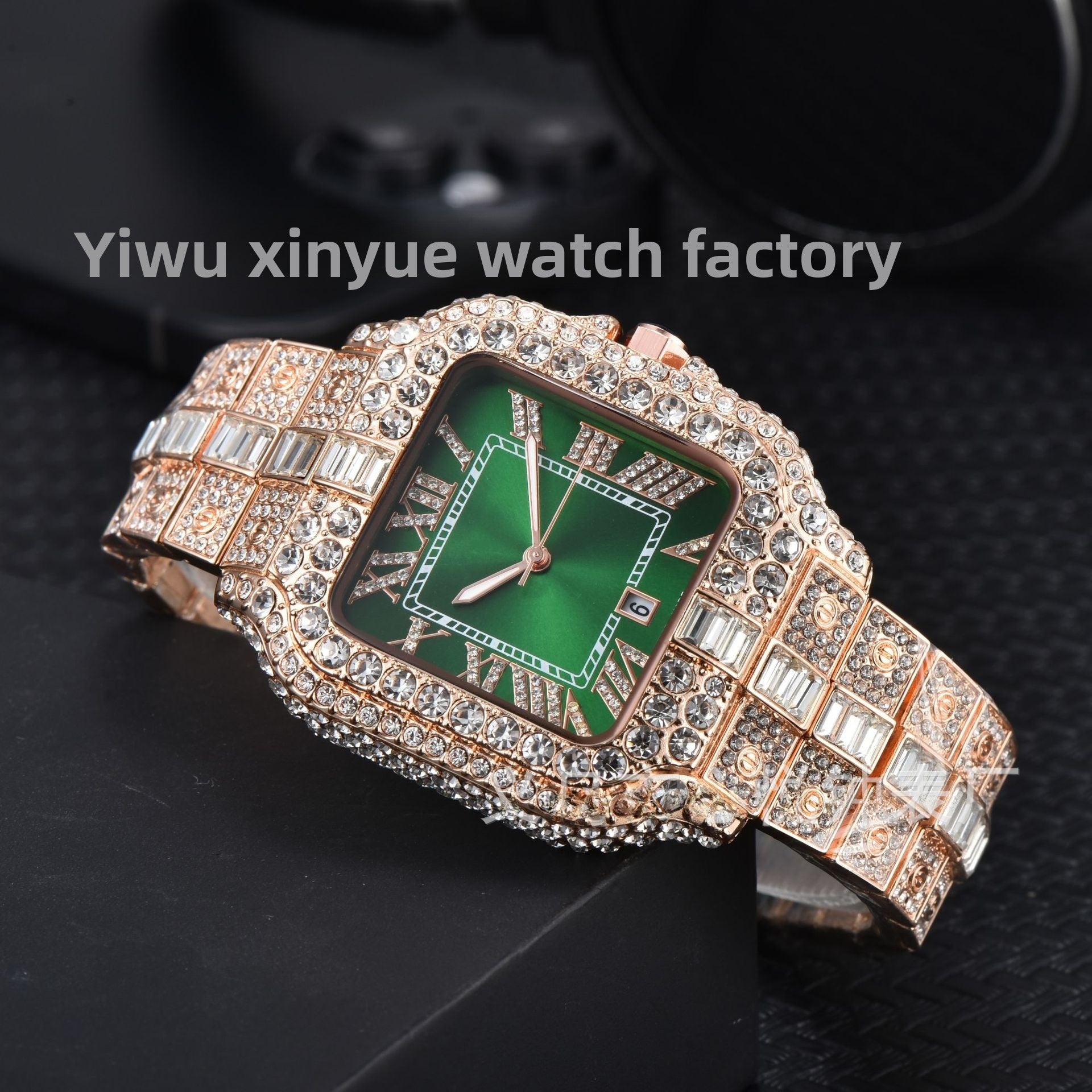 Men's High-Quality Quartz Watch Full Diamond Strap Alloy Square Dial Trendy Butterfly Double Buckle Clasp Pointer Display
