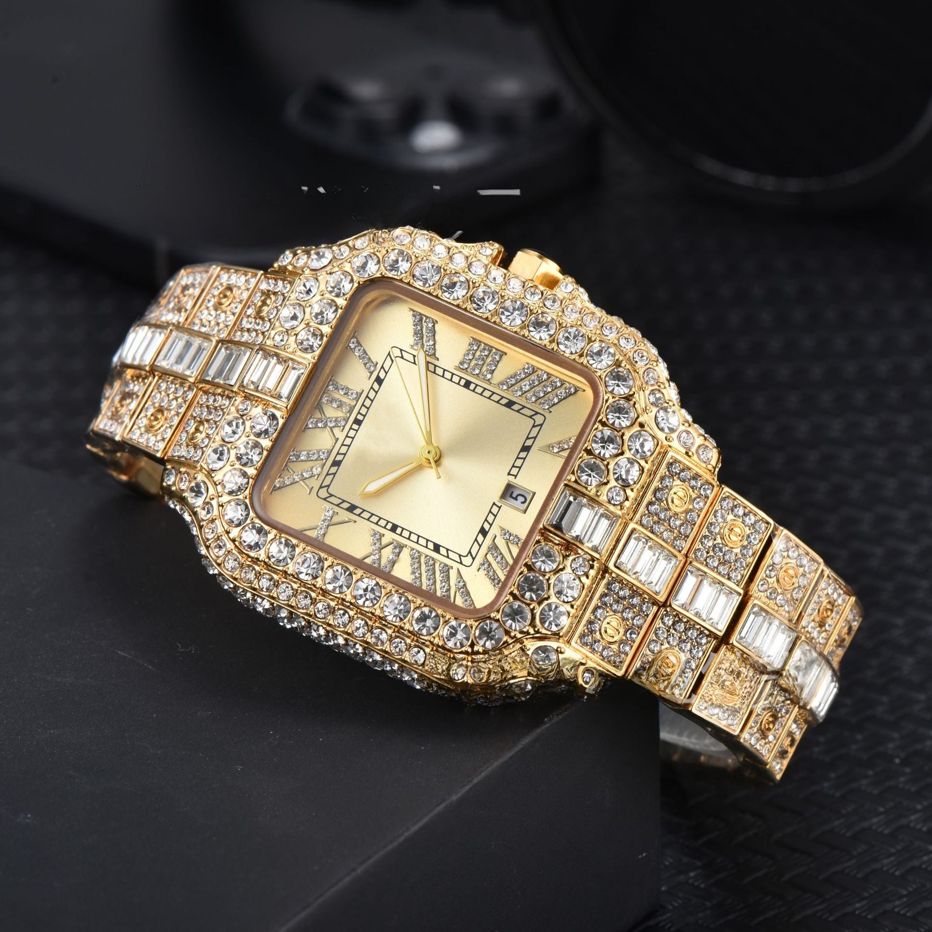 Men's High-Quality Quartz Watch Full Diamond Strap Alloy Square Dial Trendy Butterfly Double Buckle Clasp Pointer Display