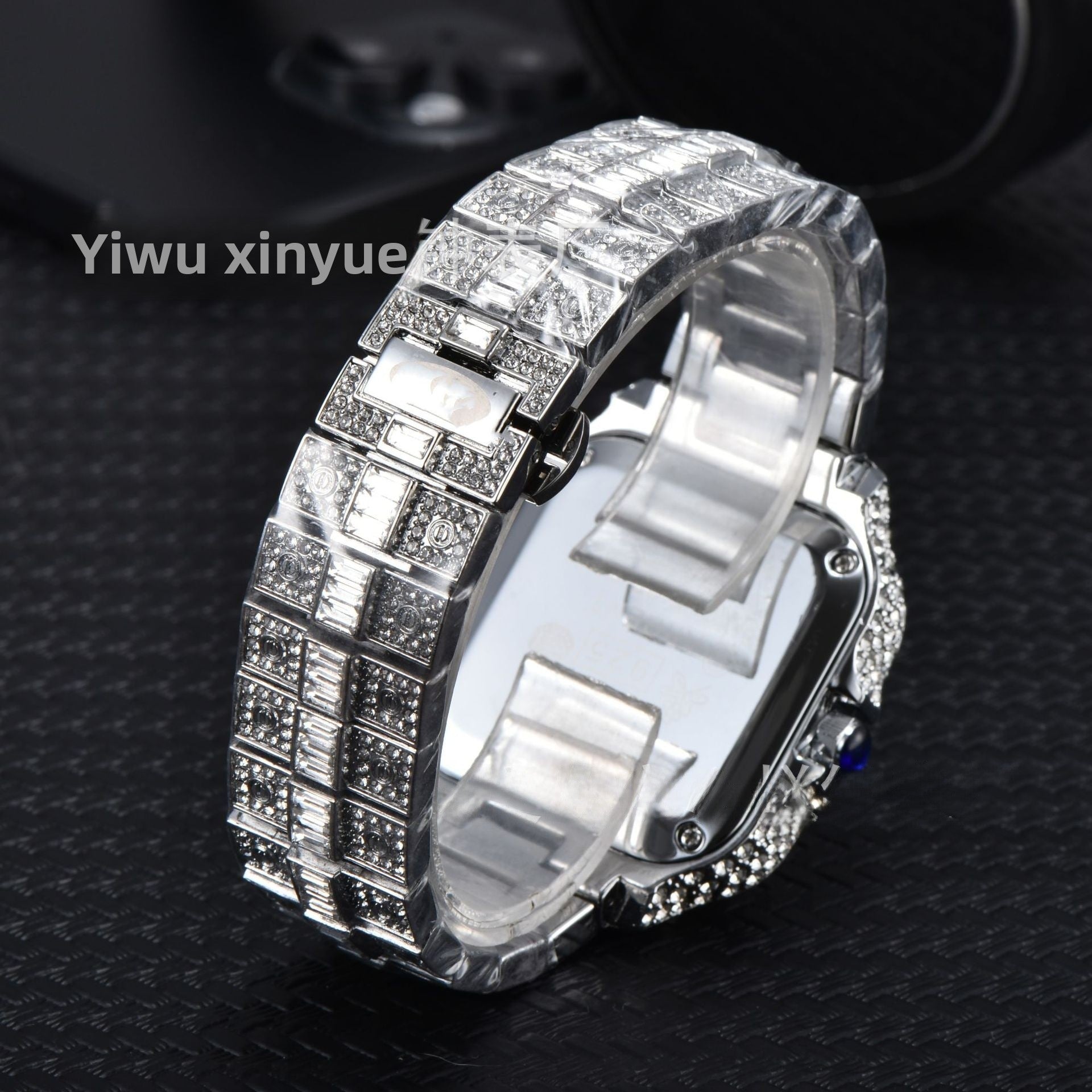 Men's High-Quality Quartz Watch Full Diamond Strap Alloy Square Dial Trendy Butterfly Double Buckle Clasp Pointer Display