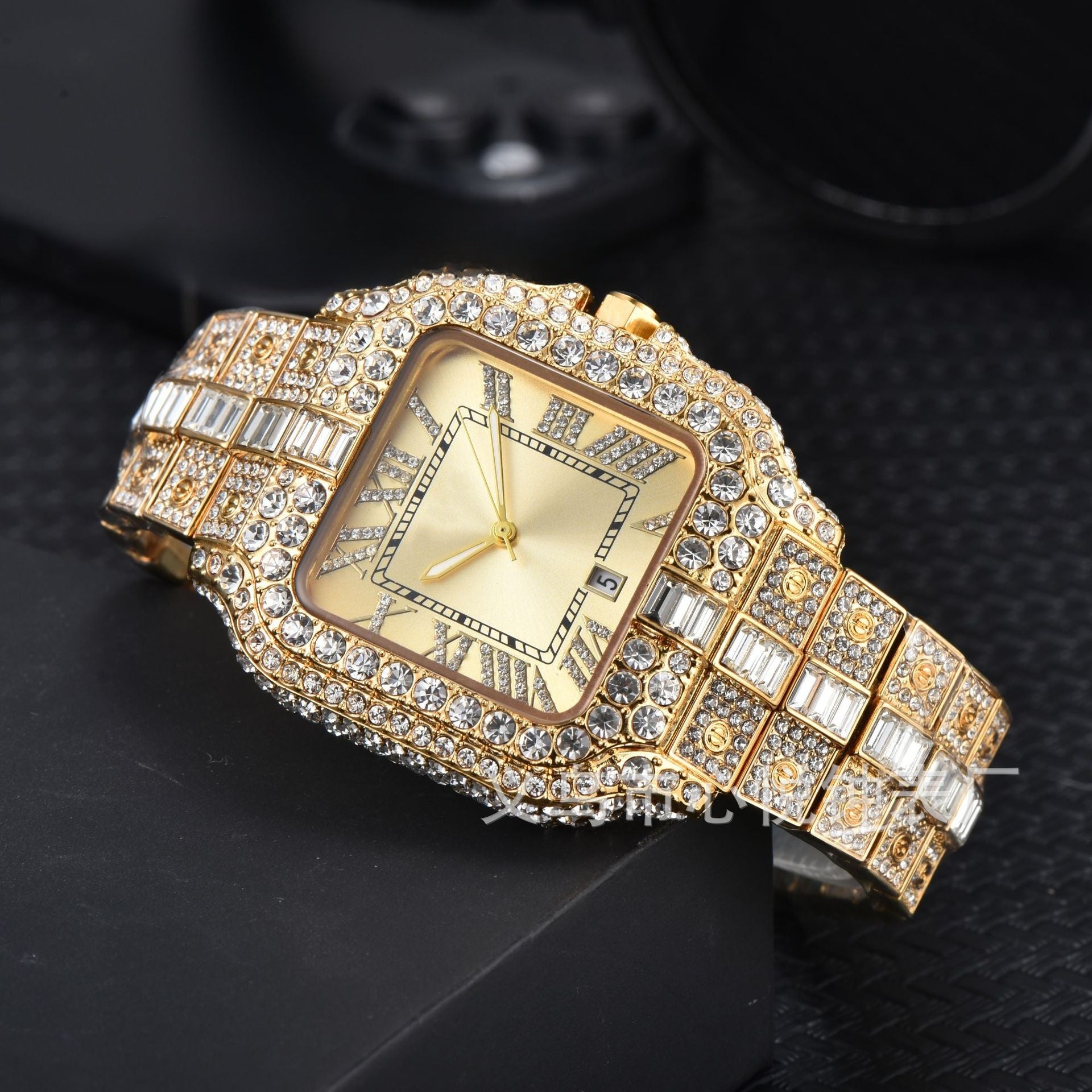 Men's High-Quality Quartz Watch Full Diamond Strap Alloy Square Dial Trendy Butterfly Double Buckle Clasp Pointer Display