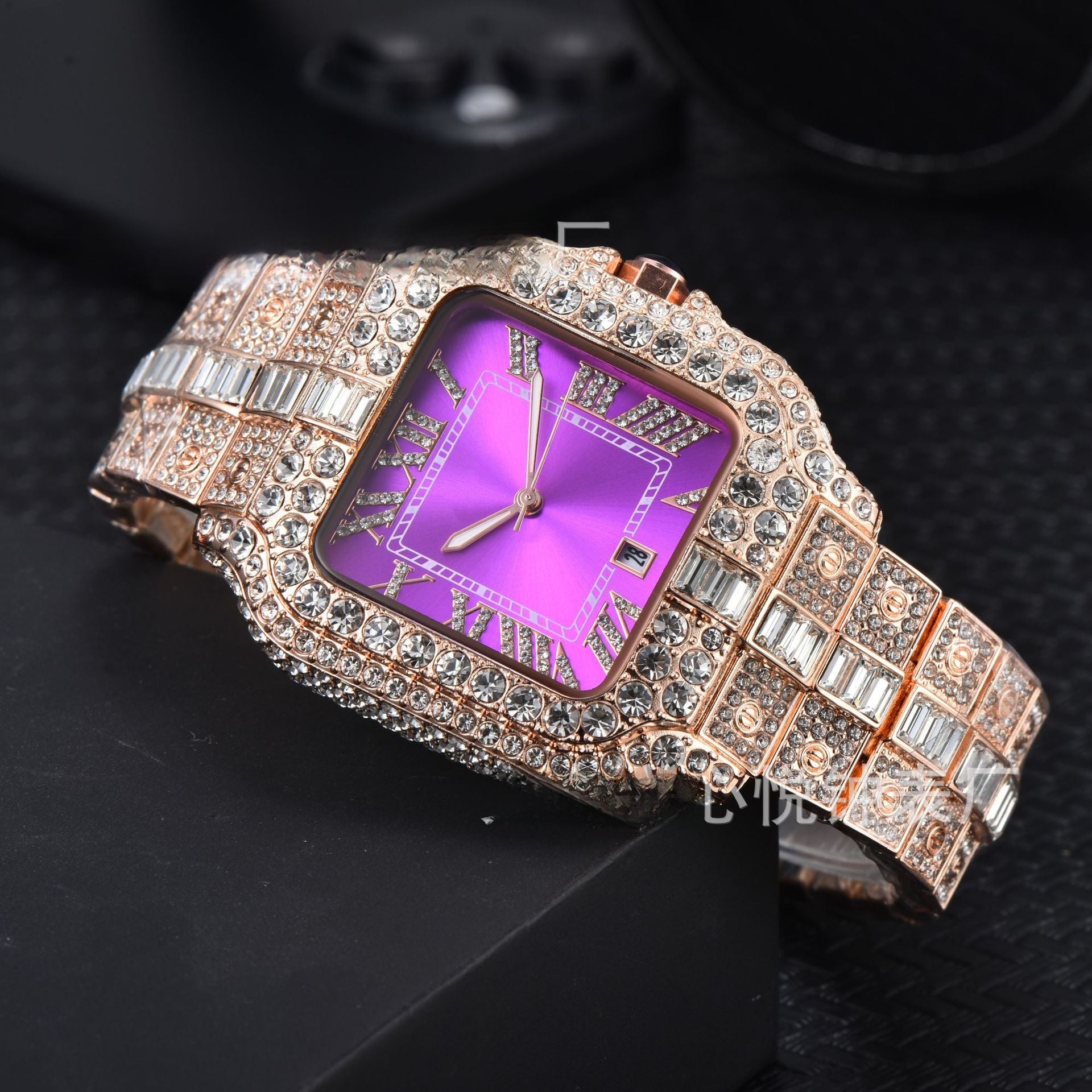 Men's High-Quality Quartz Watch Full Diamond Strap Alloy Square Dial Trendy Butterfly Double Buckle Clasp Pointer Display