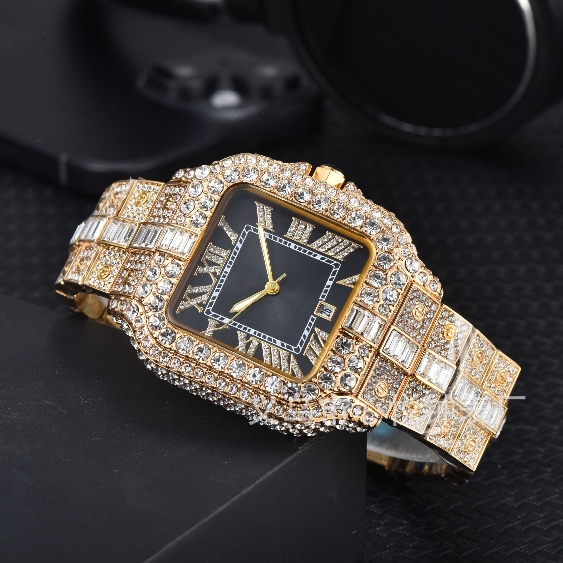 Men's High-Quality Quartz Watch Full Diamond Strap Alloy Square Dial Trendy Butterfly Double Buckle Clasp Pointer Display