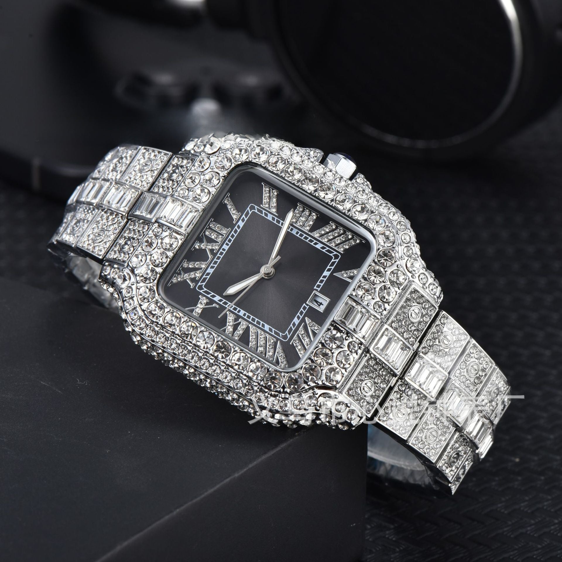 Men's High-Quality Quartz Watch Full Diamond Strap Alloy Square Dial Trendy Butterfly Double Buckle Clasp Pointer Display