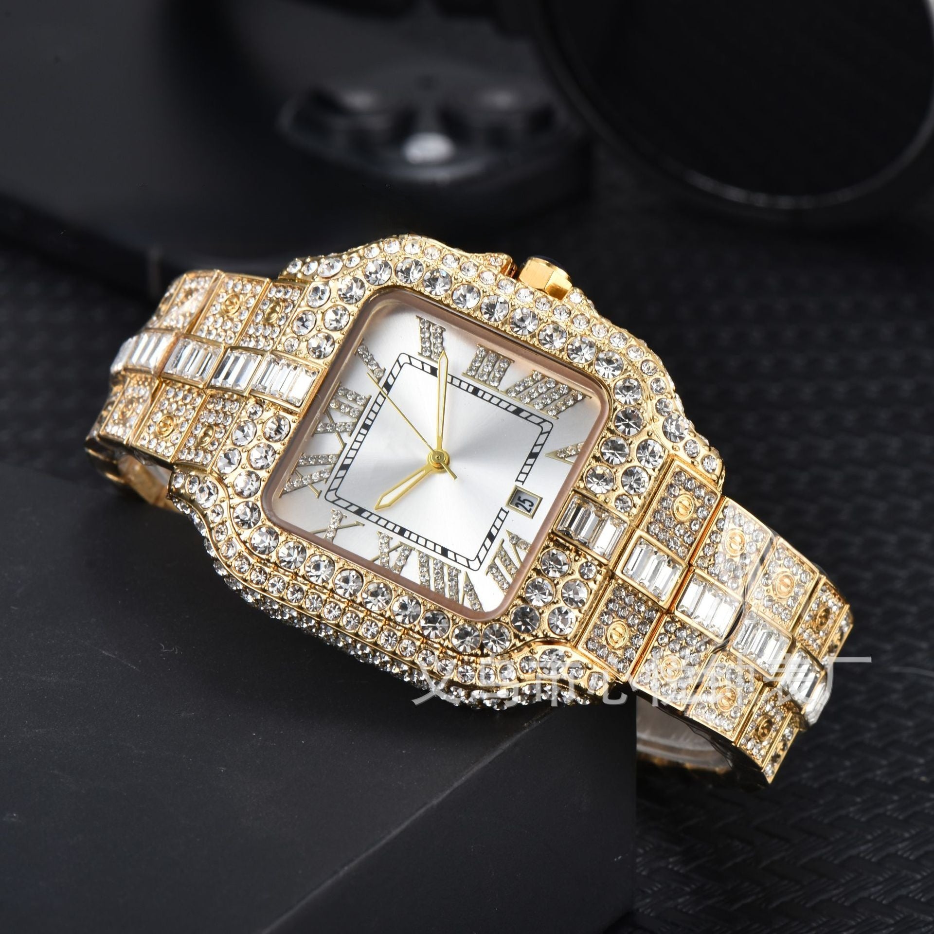 Men's High-Quality Quartz Watch Full Diamond Strap Alloy Square Dial Trendy Butterfly Double Buckle Clasp Pointer Display