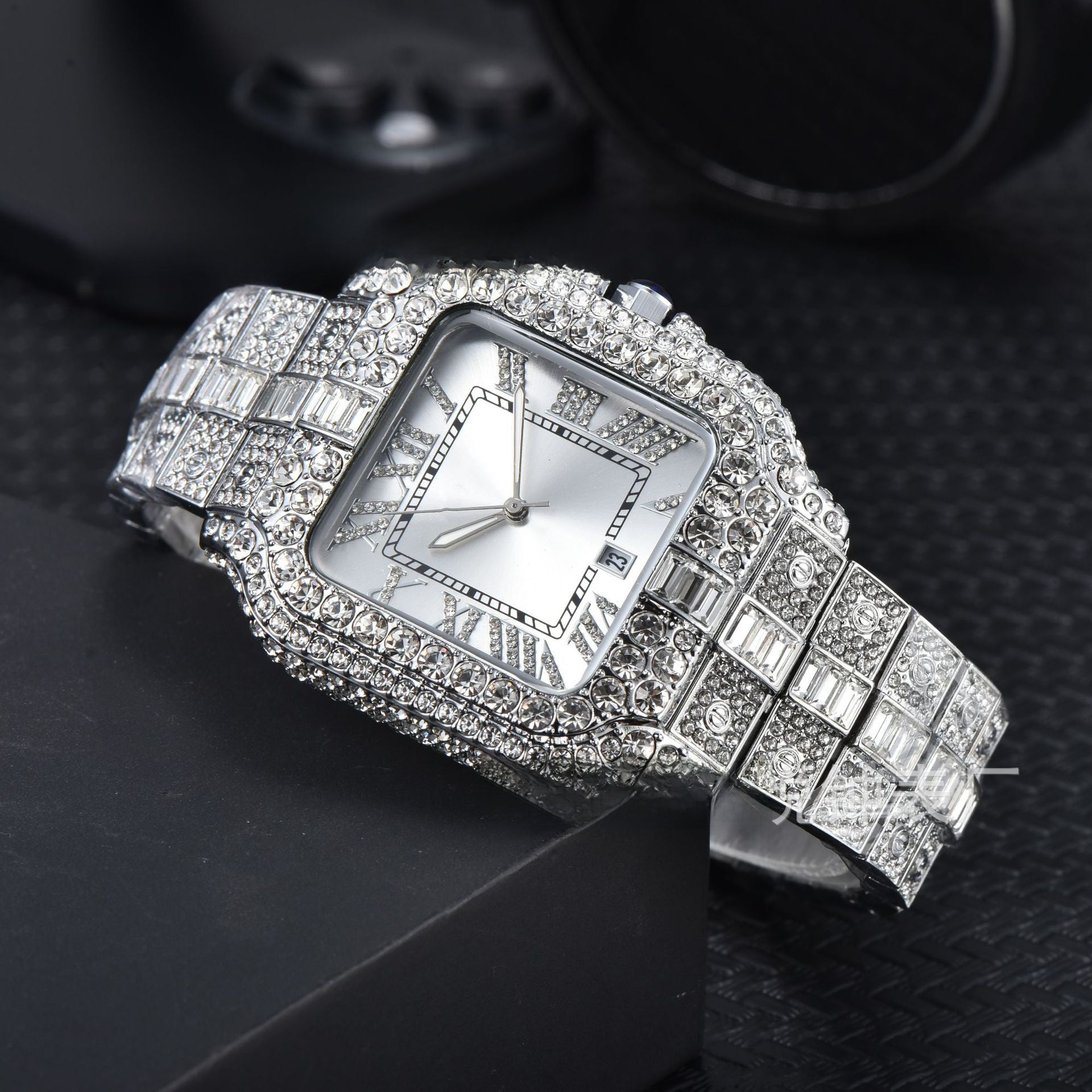 Men's High-Quality Quartz Watch Full Diamond Strap Alloy Square Dial Trendy Butterfly Double Buckle Clasp Pointer Display
