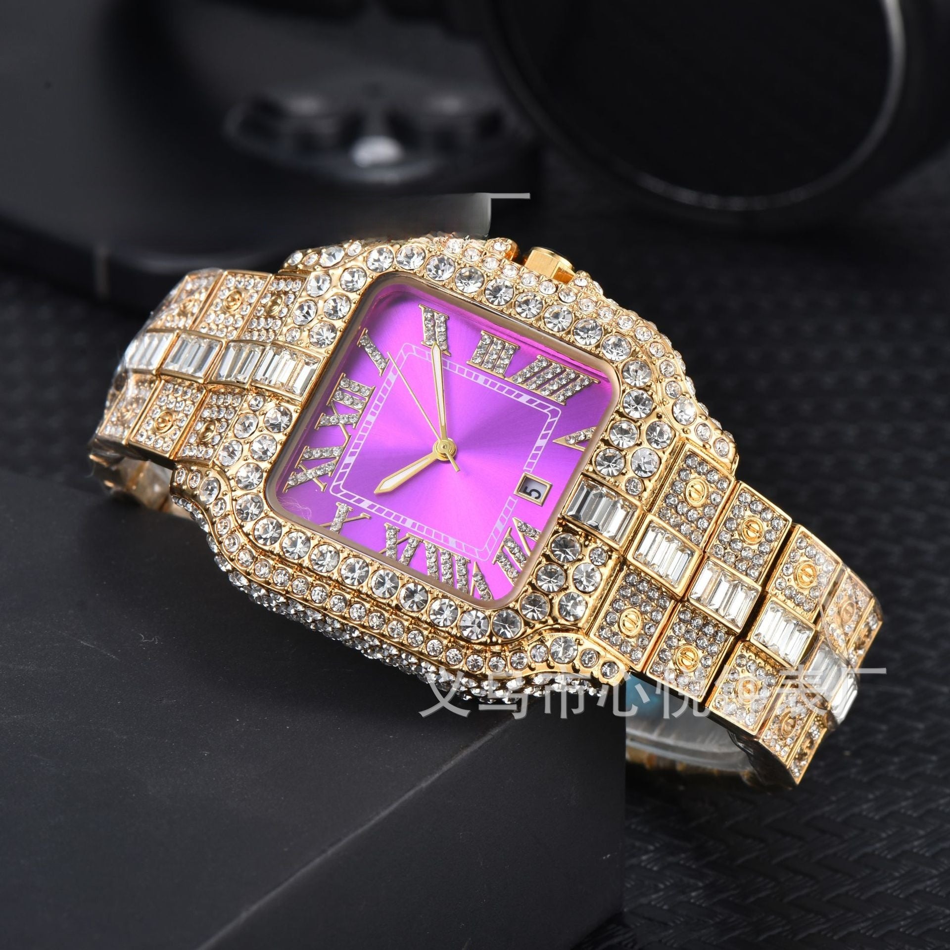 Men's High-Quality Quartz Watch Full Diamond Strap Alloy Square Dial Trendy Butterfly Double Buckle Clasp Pointer Display
