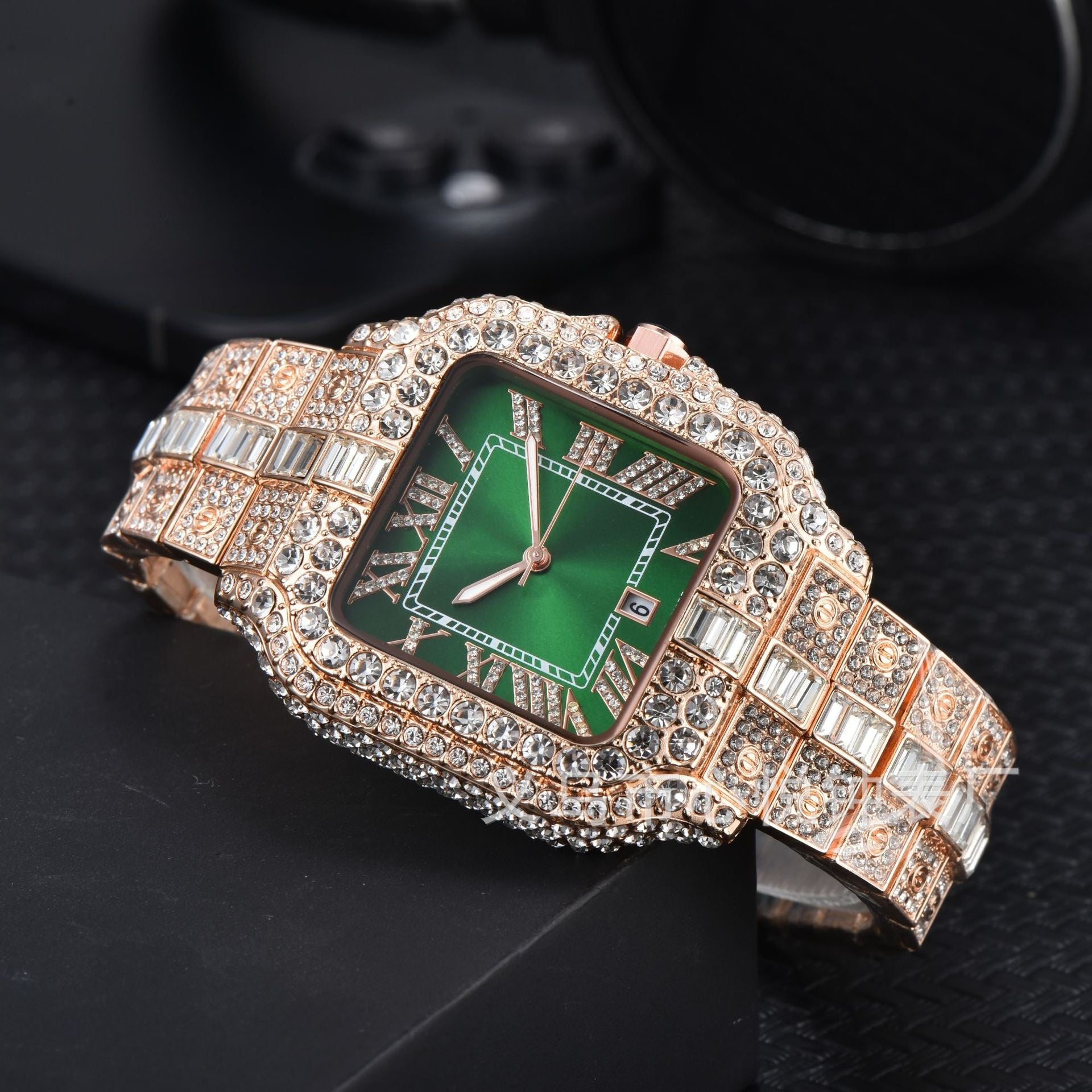 Men's High-Quality Quartz Watch Full Diamond Strap Alloy Square Dial Trendy Butterfly Double Buckle Clasp Pointer Display