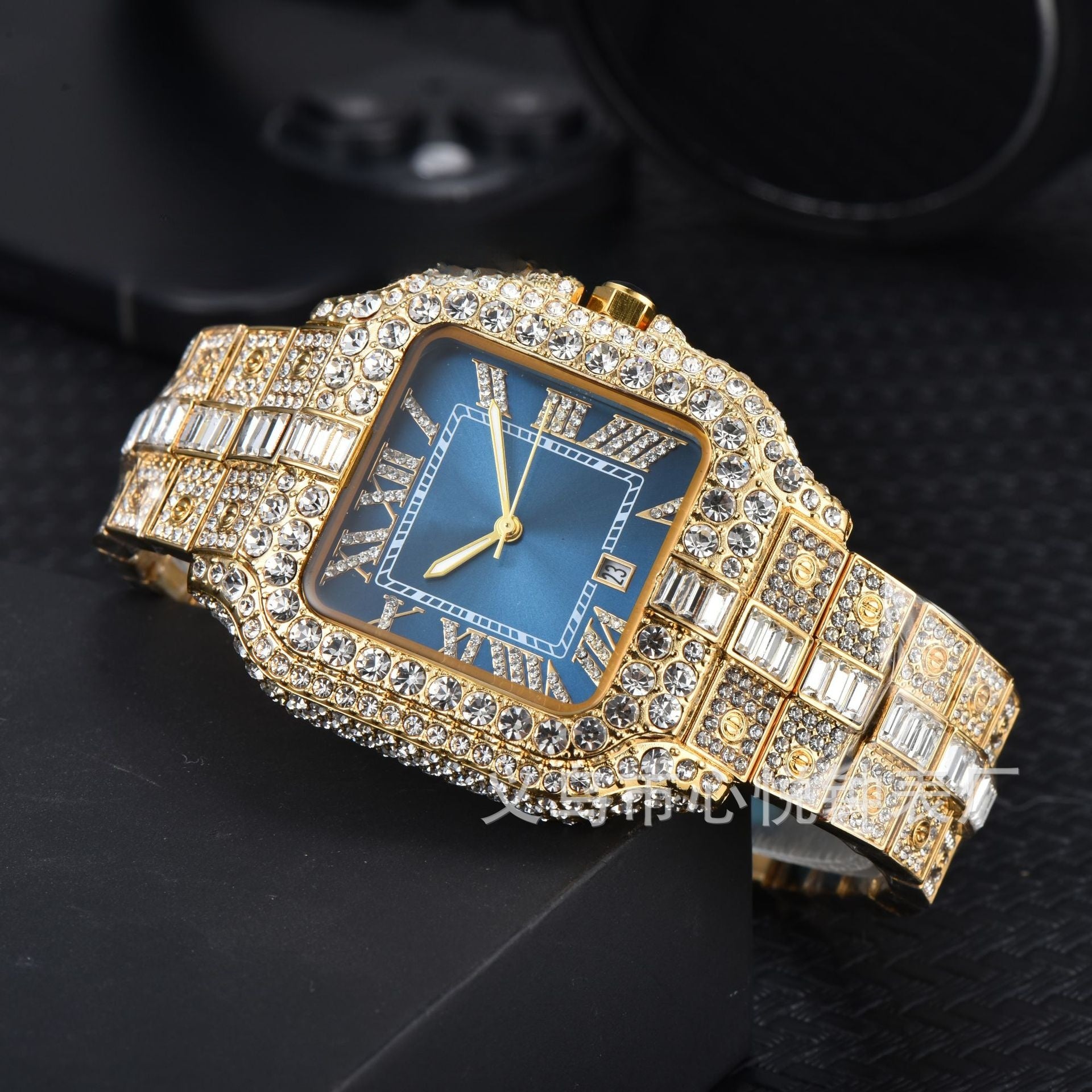 Men's High-Quality Quartz Watch Full Diamond Strap Alloy Square Dial Trendy Butterfly Double Buckle Clasp Pointer Display