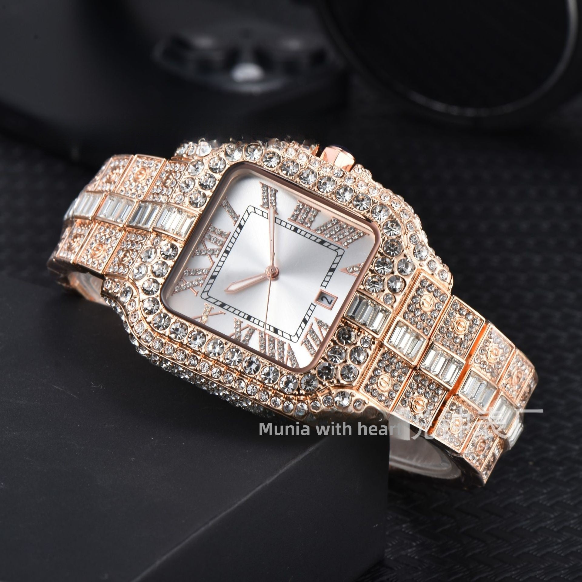 Men's High-Quality Quartz Watch Full Diamond Strap Alloy Square Dial Trendy Butterfly Double Buckle Clasp Pointer Display
