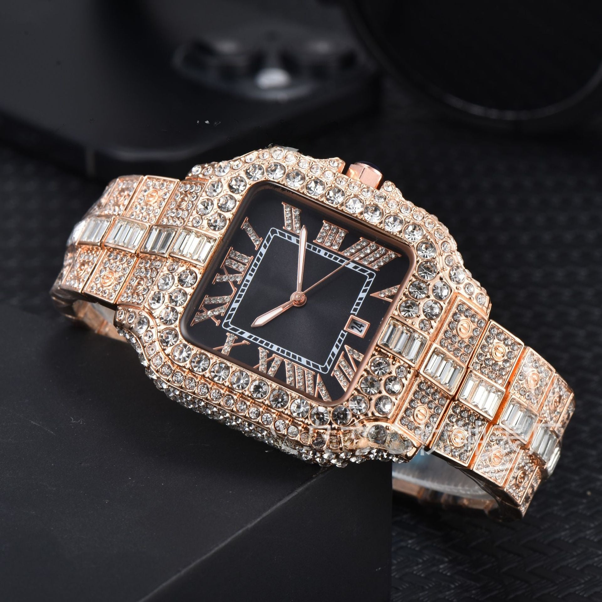Men's High-Quality Quartz Watch Full Diamond Strap Alloy Square Dial Trendy Butterfly Double Buckle Clasp Pointer Display
