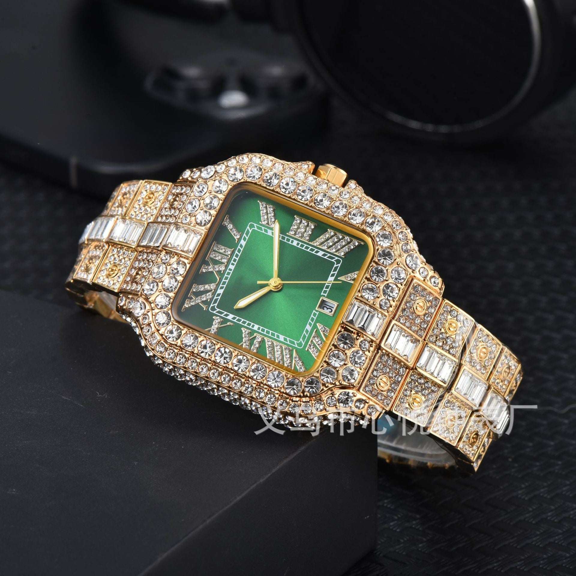 Men's High-Quality Quartz Watch Full Diamond Strap Alloy Square Dial Trendy Butterfly Double Buckle Clasp Pointer Display