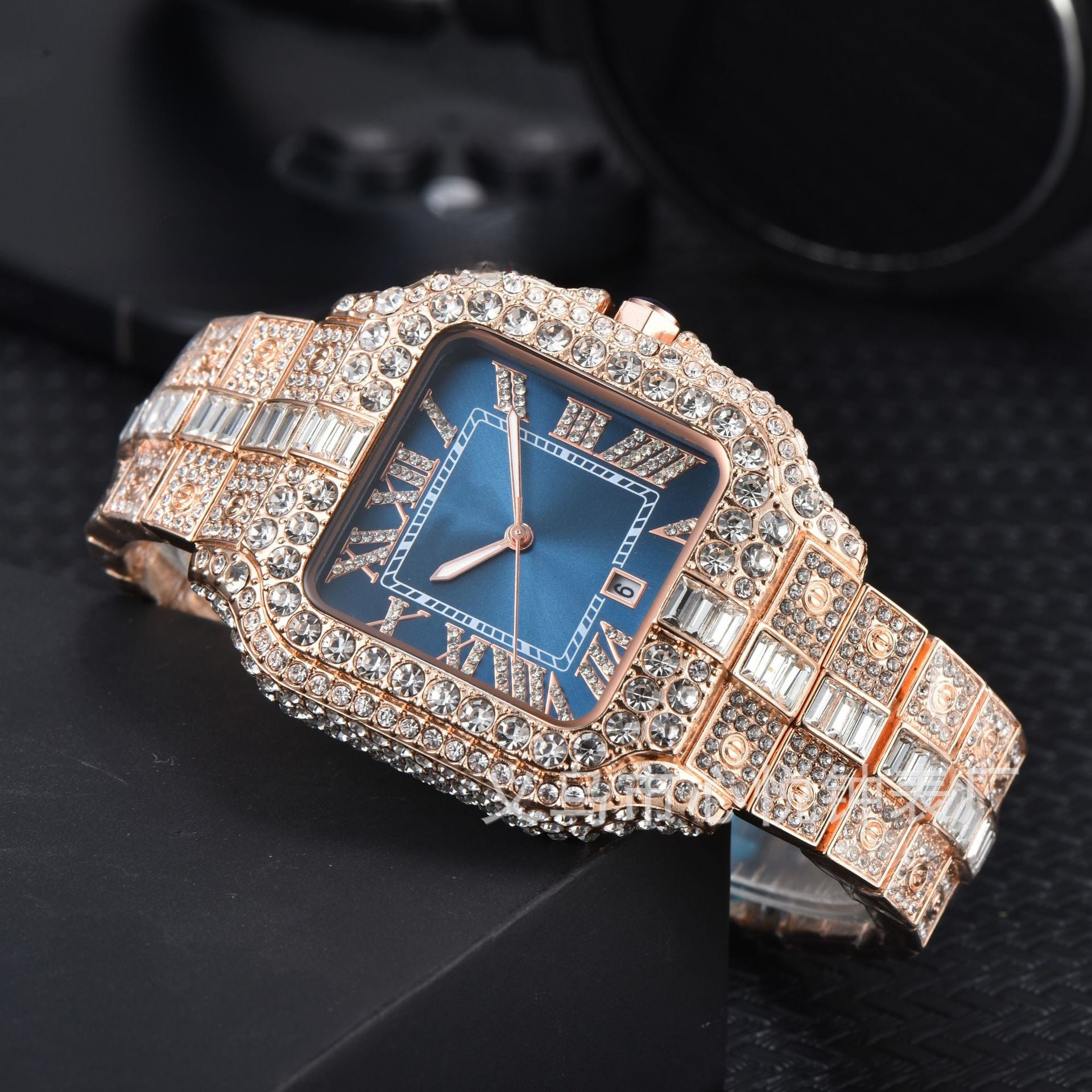 Men's High-Quality Quartz Watch Full Diamond Strap Alloy Square Dial Trendy Butterfly Double Buckle Clasp Pointer Display