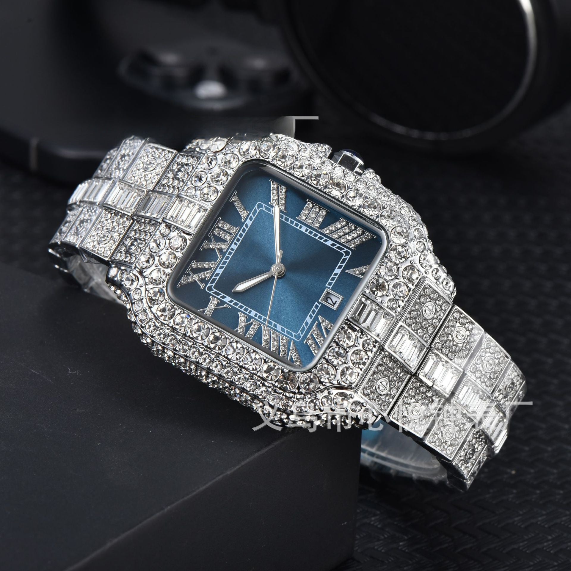 Men's High-Quality Quartz Watch Full Diamond Strap Alloy Square Dial Trendy Butterfly Double Buckle Clasp Pointer Display
