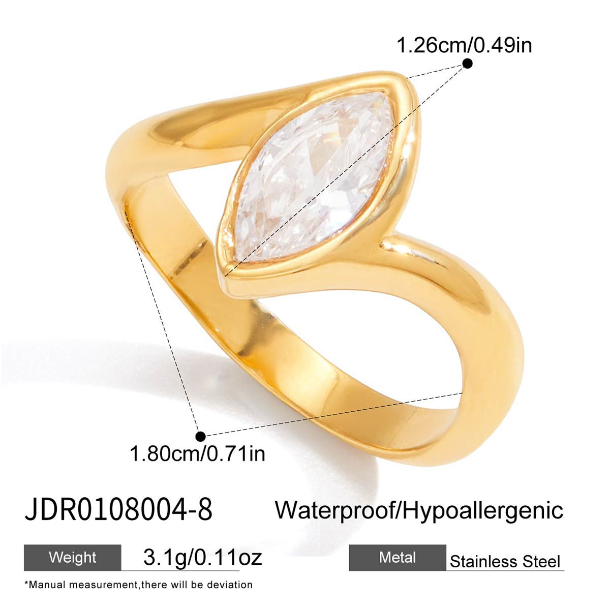 Geometric Waterproof Non Tarnish Rings For Women In 304 Stainless Steel With 18K Real Gold PVD Coating And Zircon Inlay