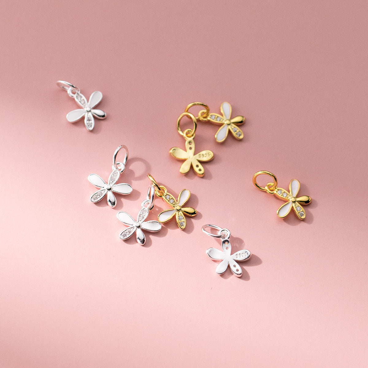 925 Sterling Silver Silver Electroplated Micro-inlaid Water Drop Earrings Five-petal Flower Pendant DIY Bracelet Necklace Jewelry Charm Q0115