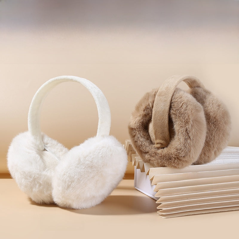 Foldable Winter Ear Muffs For Women, Plush Rabbit Fur, Realistic And Comfortable, Anti-Freeze Ear Pads, Solid Color, Simple Design