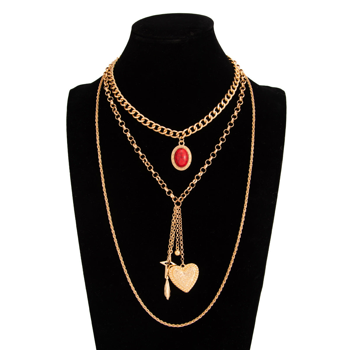 Heart Shape Layered Necklace In Gold With Gem Inlay, Punk Style Alloy Pendant For Women