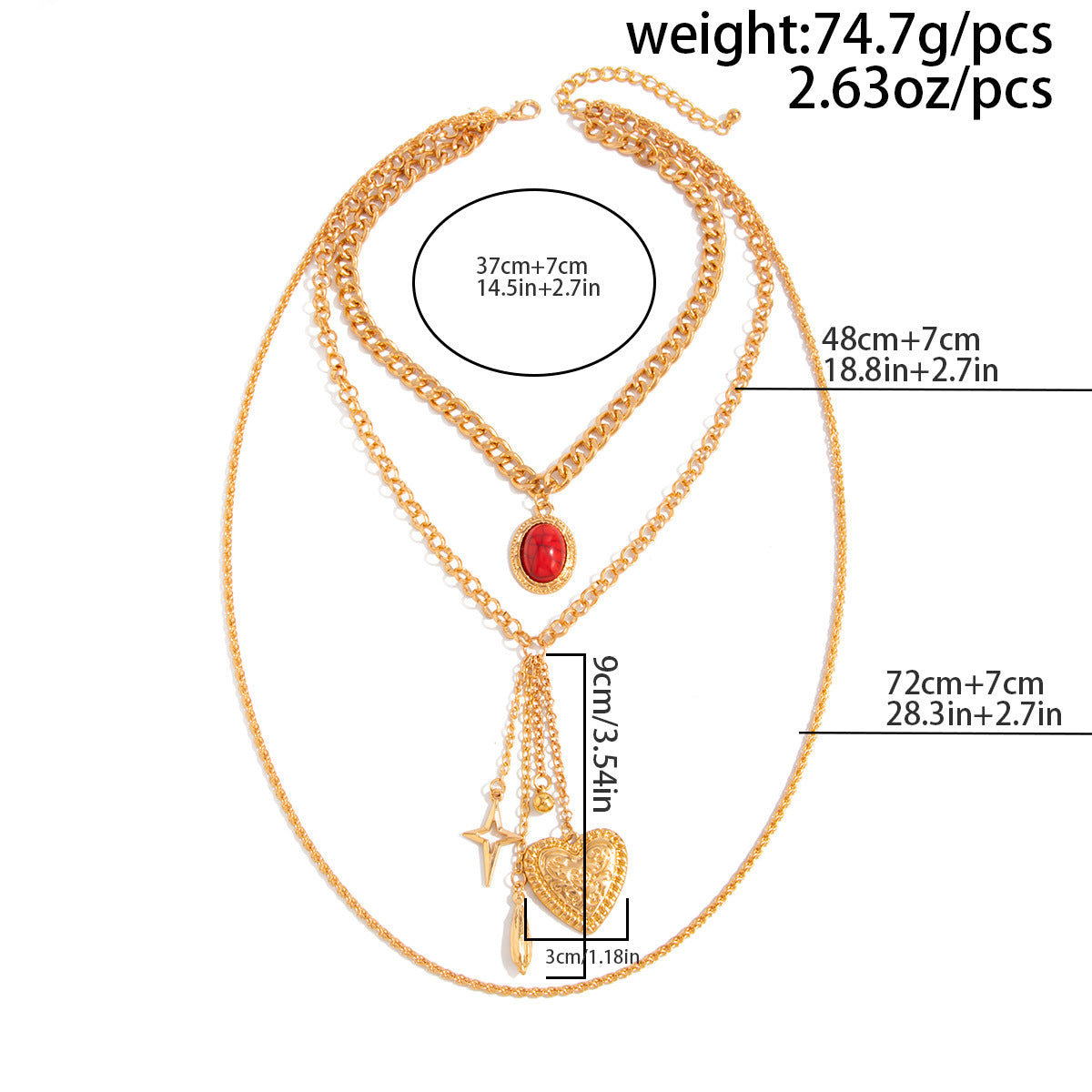 Heart Shape Layered Necklace In Gold With Gem Inlay, Punk Style Alloy Pendant For Women