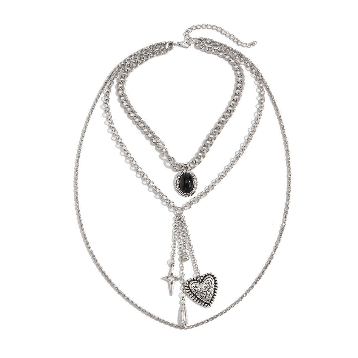 Heart Shape Layered Necklace In Gold With Gem Inlay, Punk Style Alloy Pendant For Women