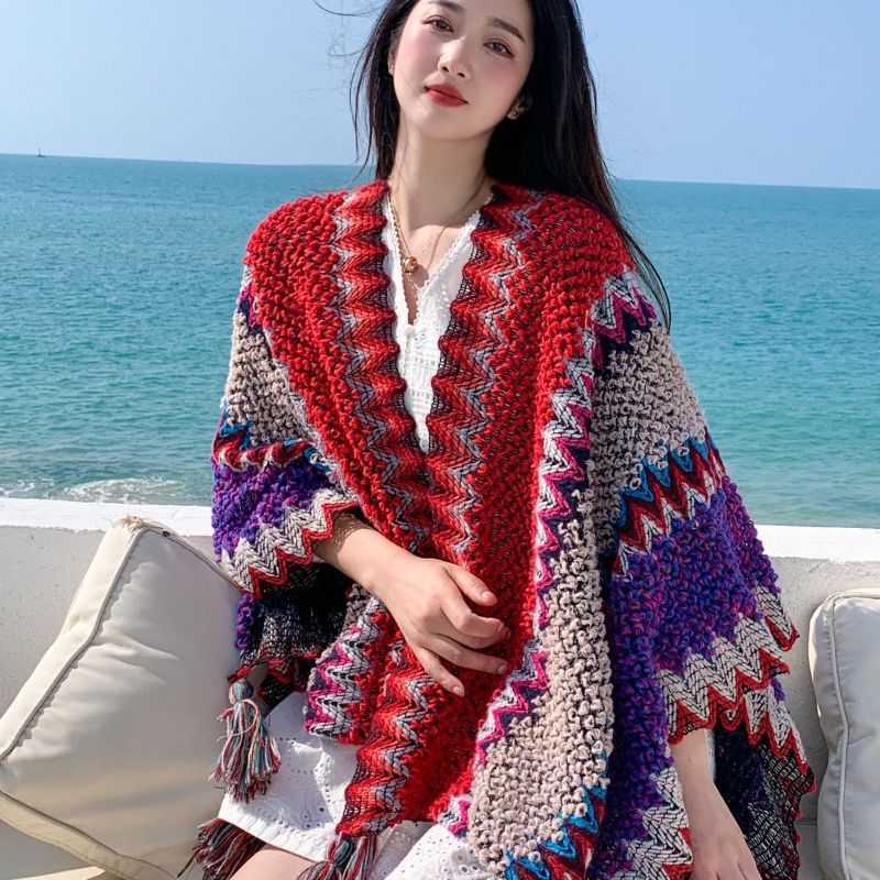 Long Cape For Women, Autumn And Winter Coat, Tassel Shawl, Scarf, Travel Vacation, Multi-color Floral Polyester
