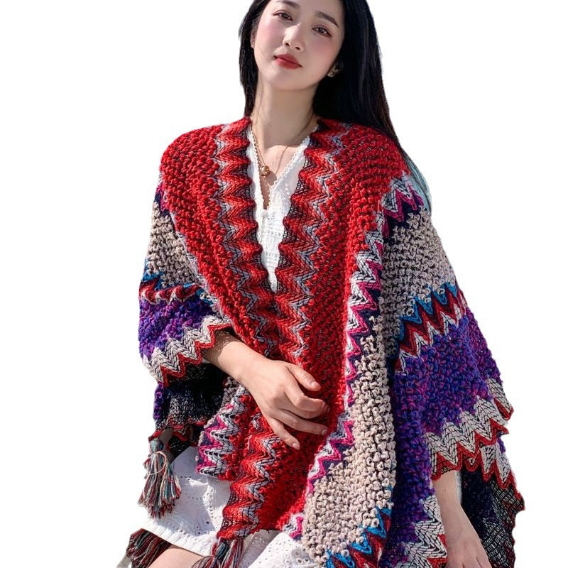 Long Cape For Women, Autumn And Winter Coat, Tassel Shawl, Scarf, Travel Vacation, Multi-color Floral Polyester